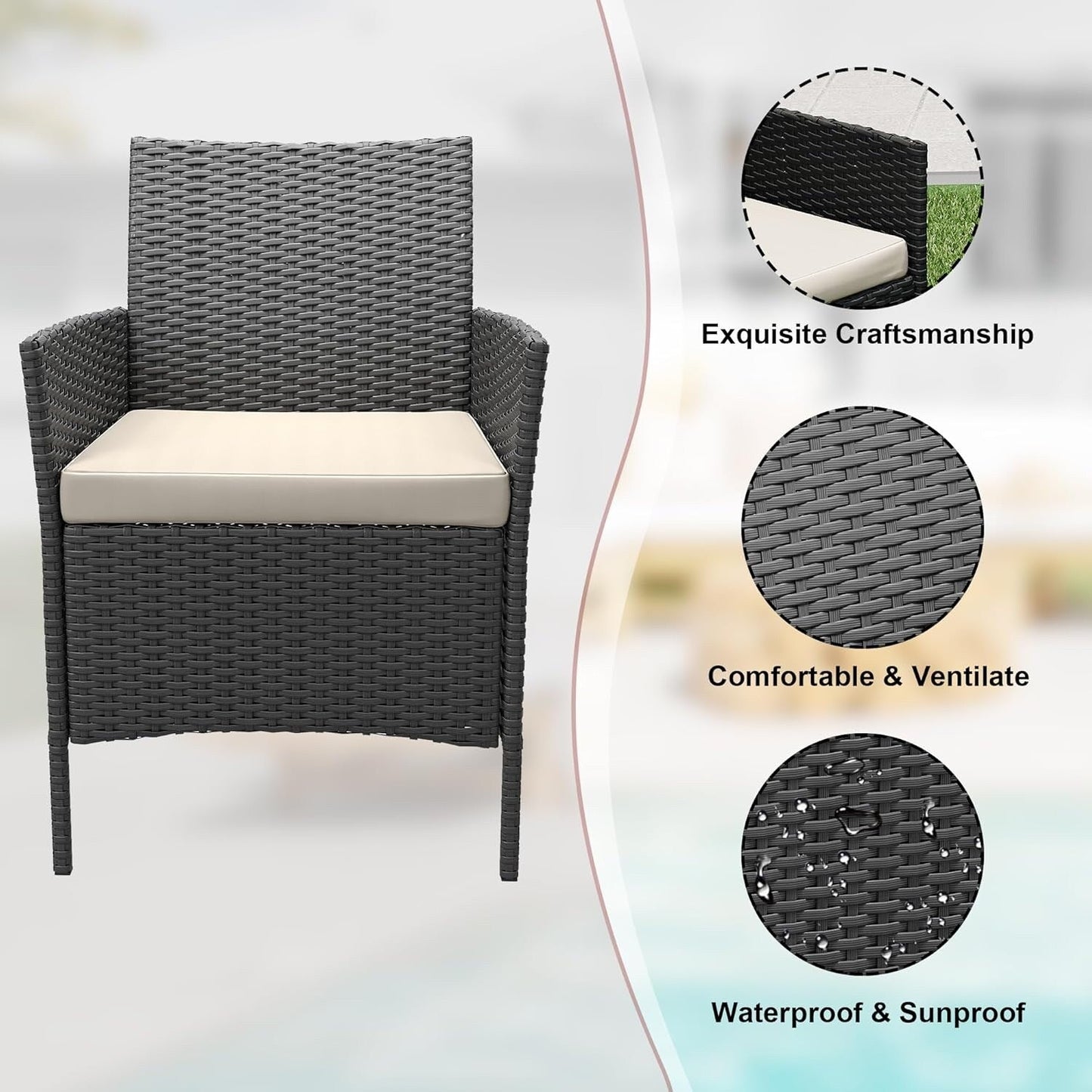 3 Pieces Rattan Wicker Chairs with Glass Coffee Table