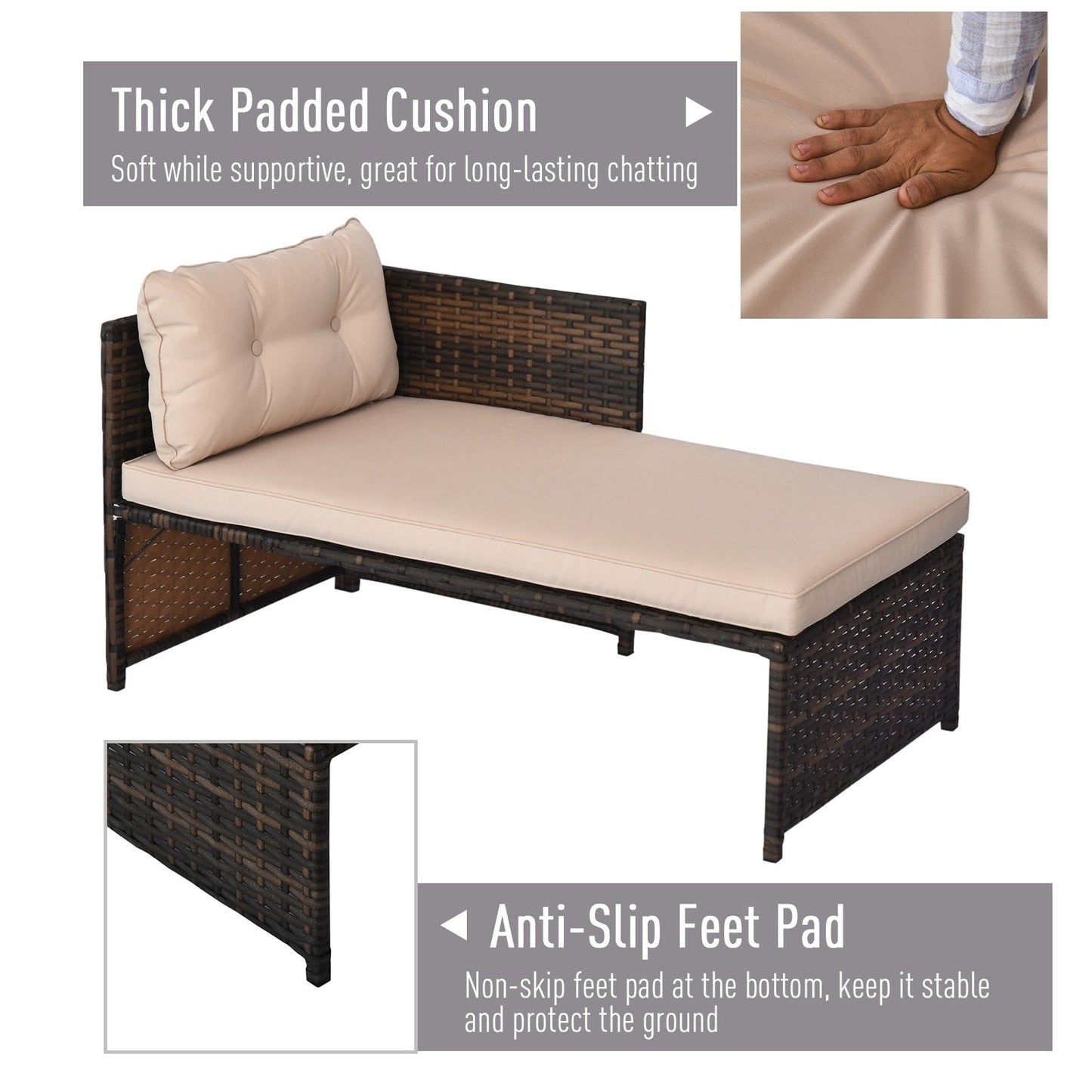 Outsunny 3-Piece Wicker Patio Furniture Sets, Rattan Conversation Sets, Sectional sofa set with Cushioned Lounge Chaise