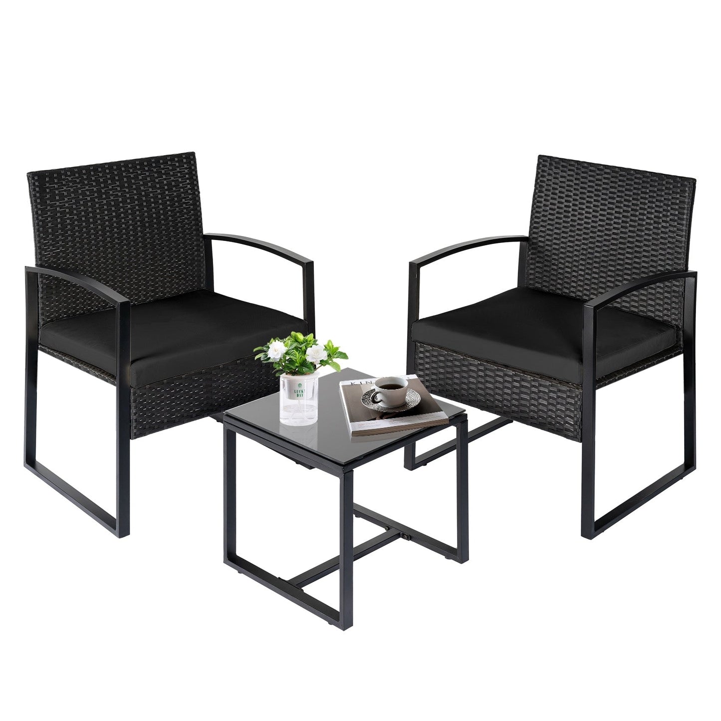 3 Piece Patio Bistro Set Outdoor Furniture Set with Glass Table, Rattan Conversation Sets for Porch Garden Balcony