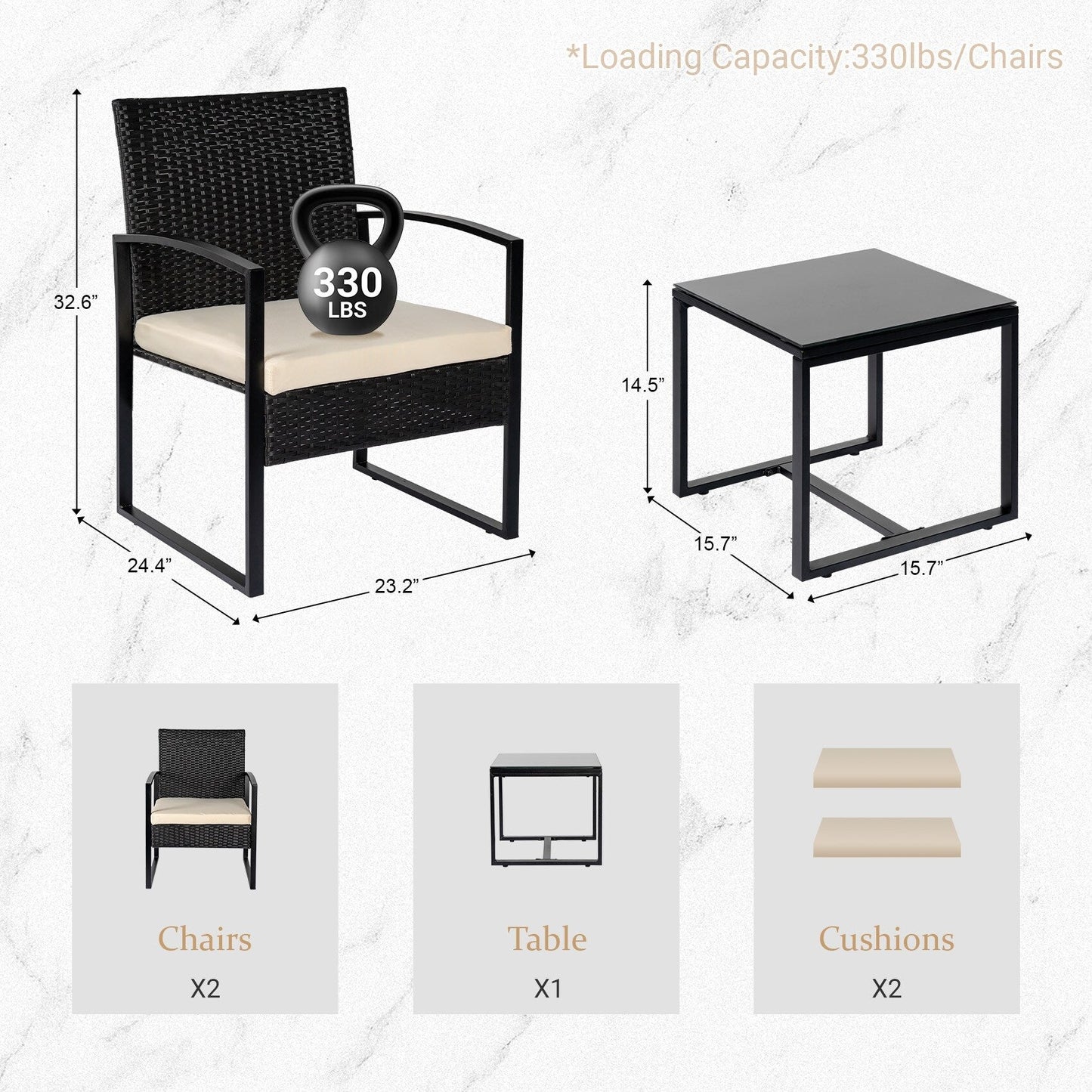 3 Piece Patio Bistro Set Outdoor Furniture Set with Glass Table, Rattan Conversation Sets for Porch Garden Balcony