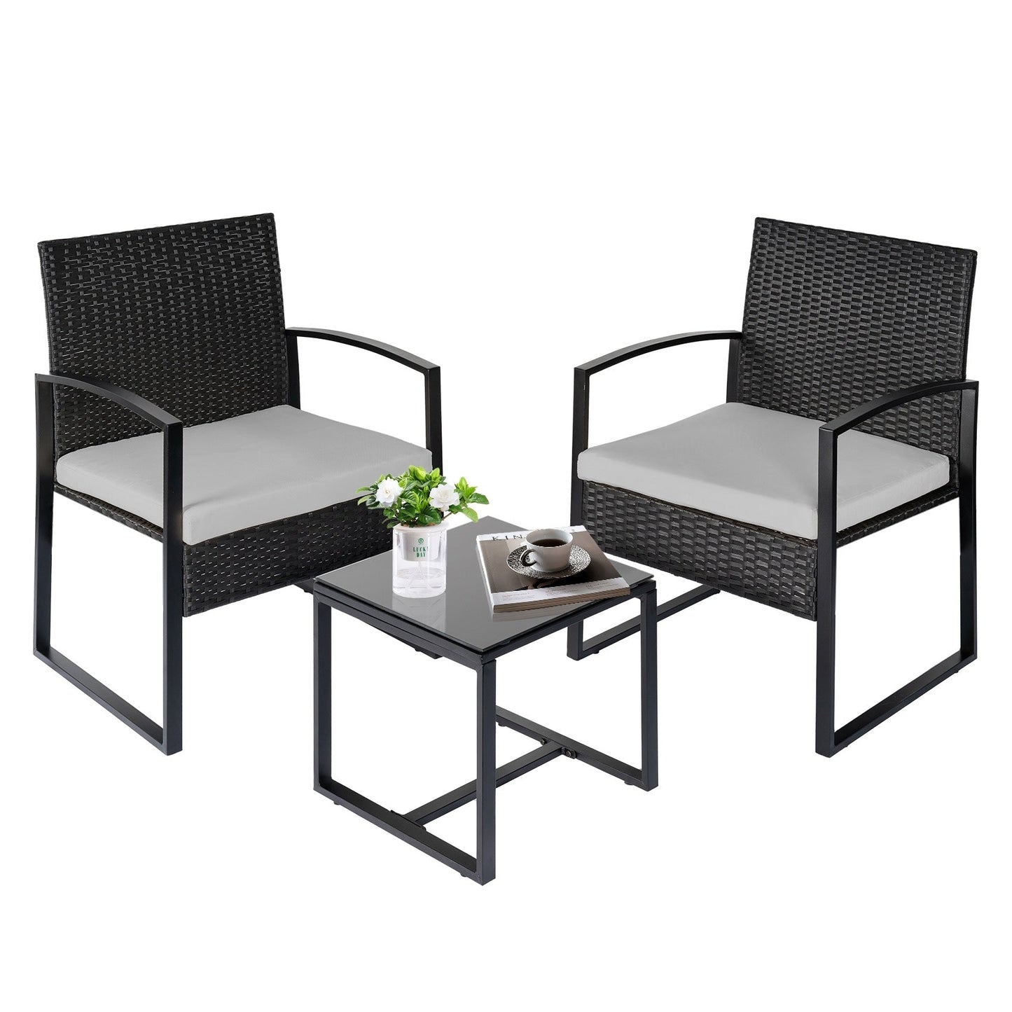 3 Piece Patio Bistro Set Outdoor Furniture Set with Glass Table, Rattan Conversation Sets for Porch Garden Balcony