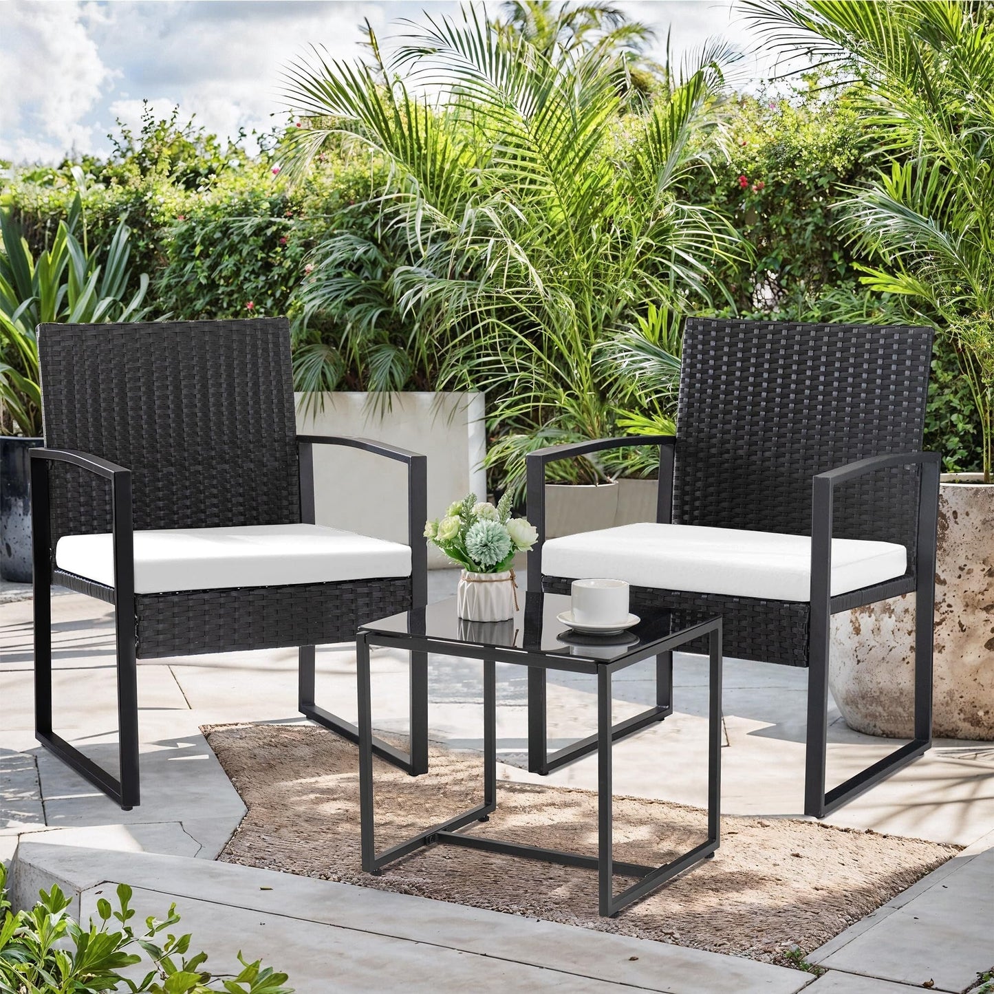 3 Piece Patio Bistro Set Outdoor Furniture Set with Glass Table, Rattan Conversation Sets for Porch Garden Balcony