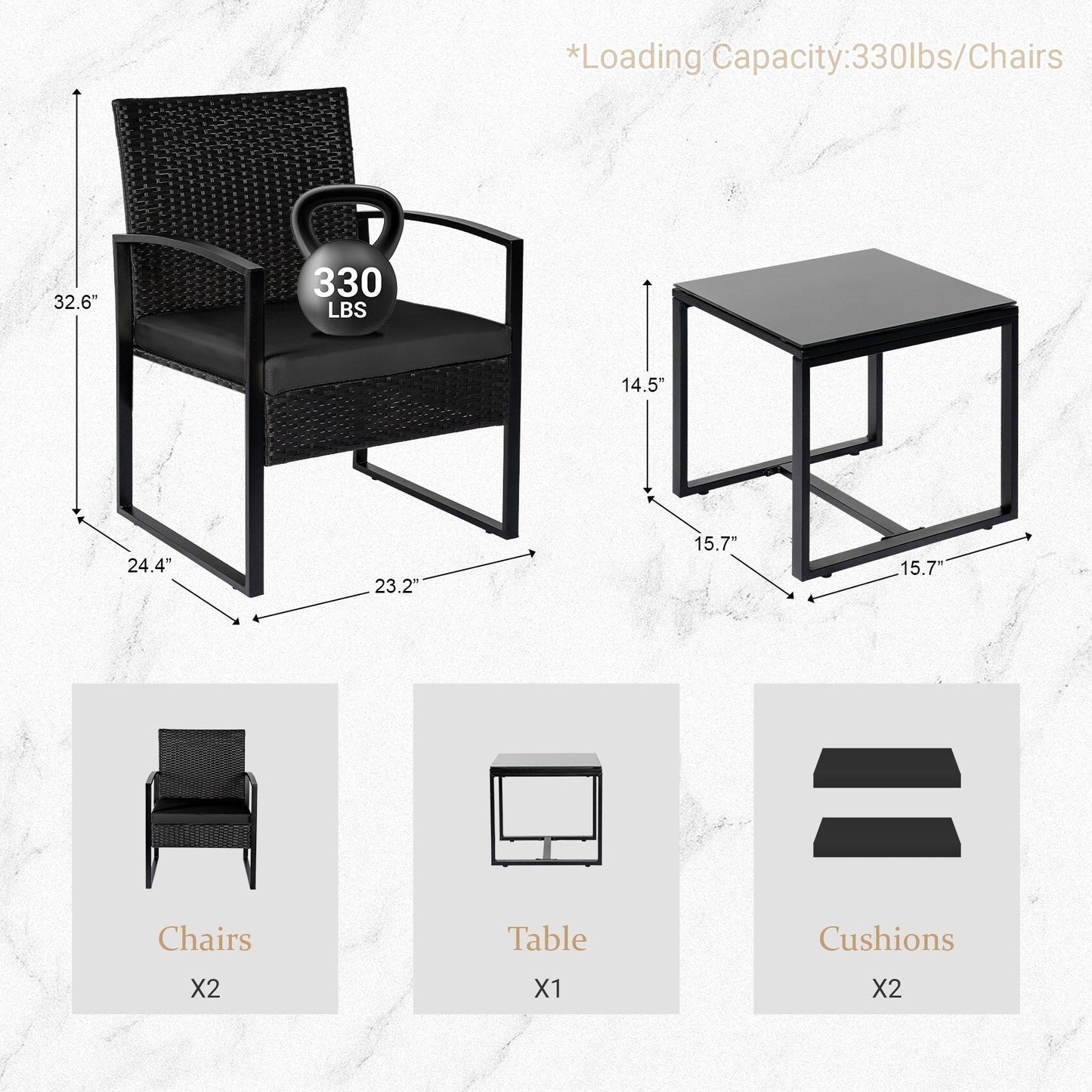 3 Piece Patio Bistro Set Outdoor Furniture Set with Glass Table, Rattan Conversation Sets for Porch Garden Balcony