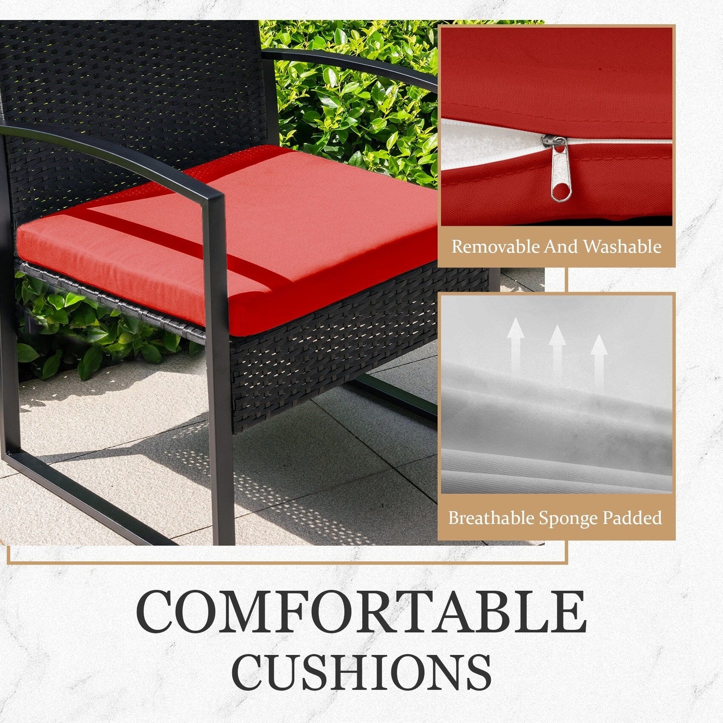 3 Piece Patio Bistro Set Outdoor Furniture Set with Glass Table, Rattan Conversation Sets for Porch Garden Balcony