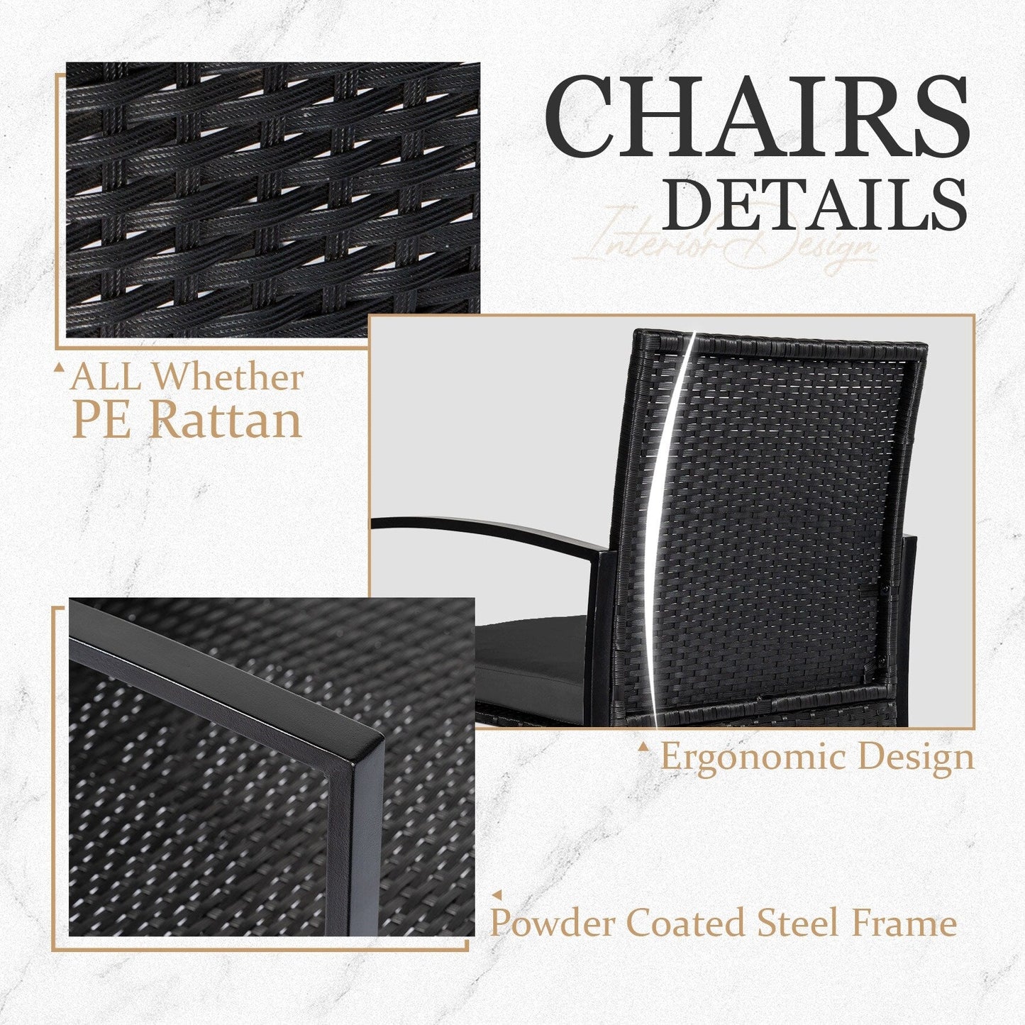 3 Piece Patio Bistro Set Outdoor Furniture Set with Glass Table, Rattan Conversation Sets for Porch Garden Balcony