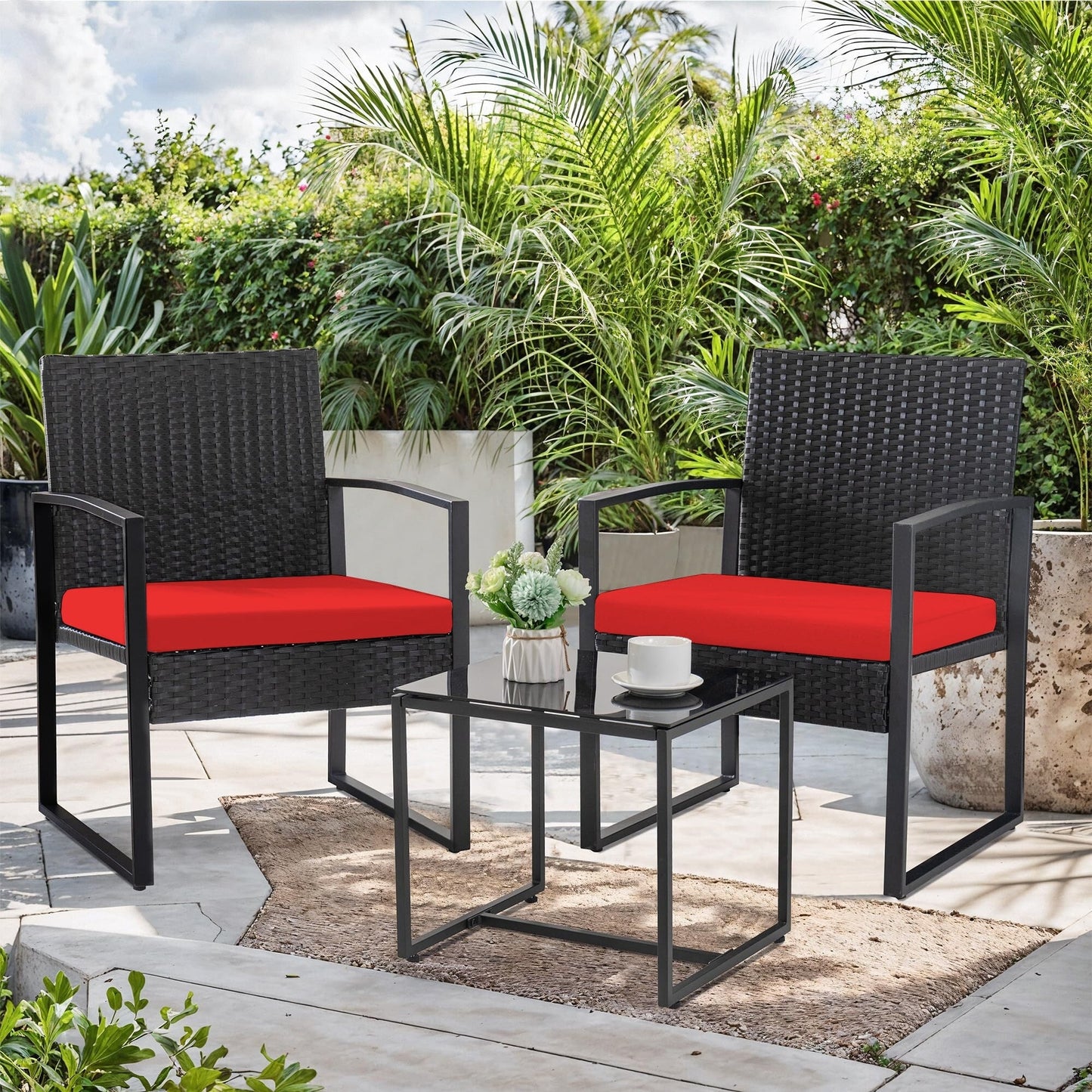 3 Piece Patio Bistro Set Outdoor Furniture Set with Glass Table, Rattan Conversation Sets for Porch Garden Balcony