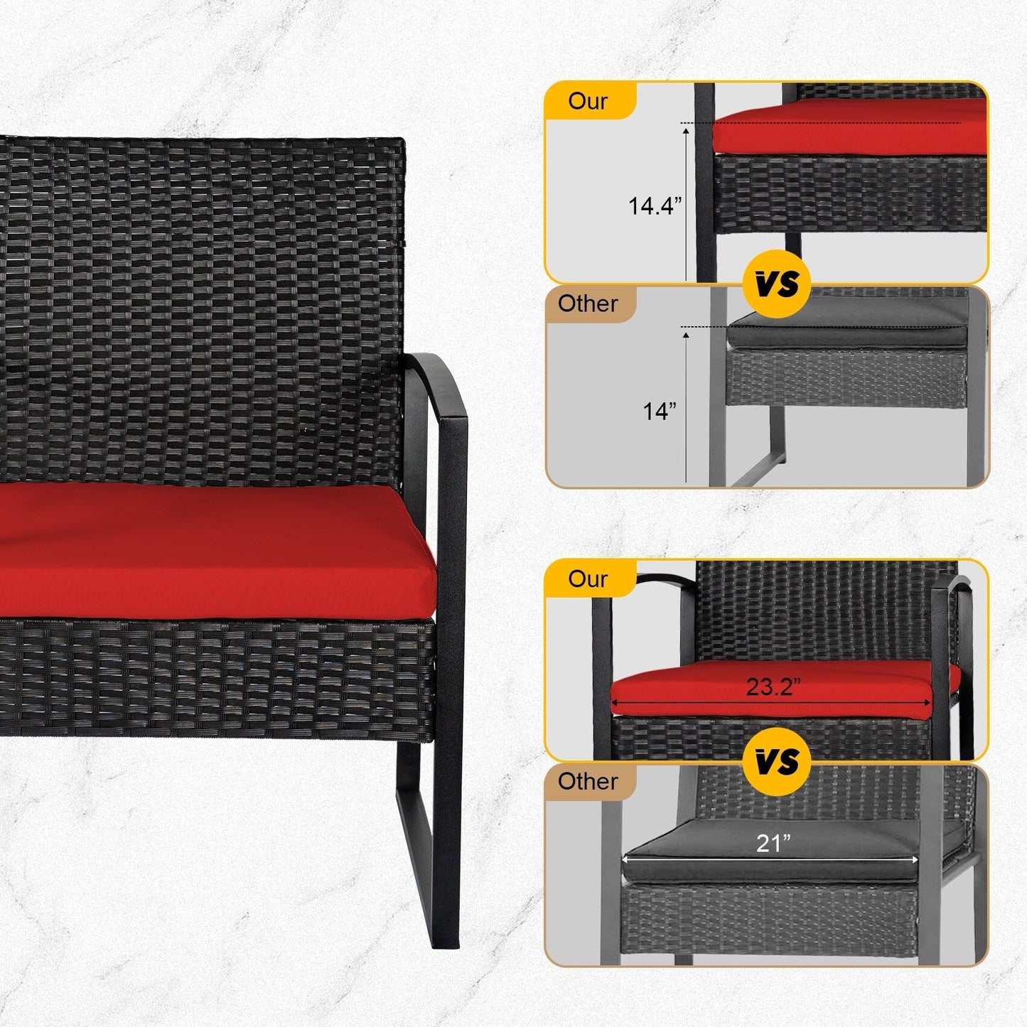 3 Piece Patio Bistro Set Outdoor Furniture Set with Glass Table, Rattan Conversation Sets for Porch Garden Balcony