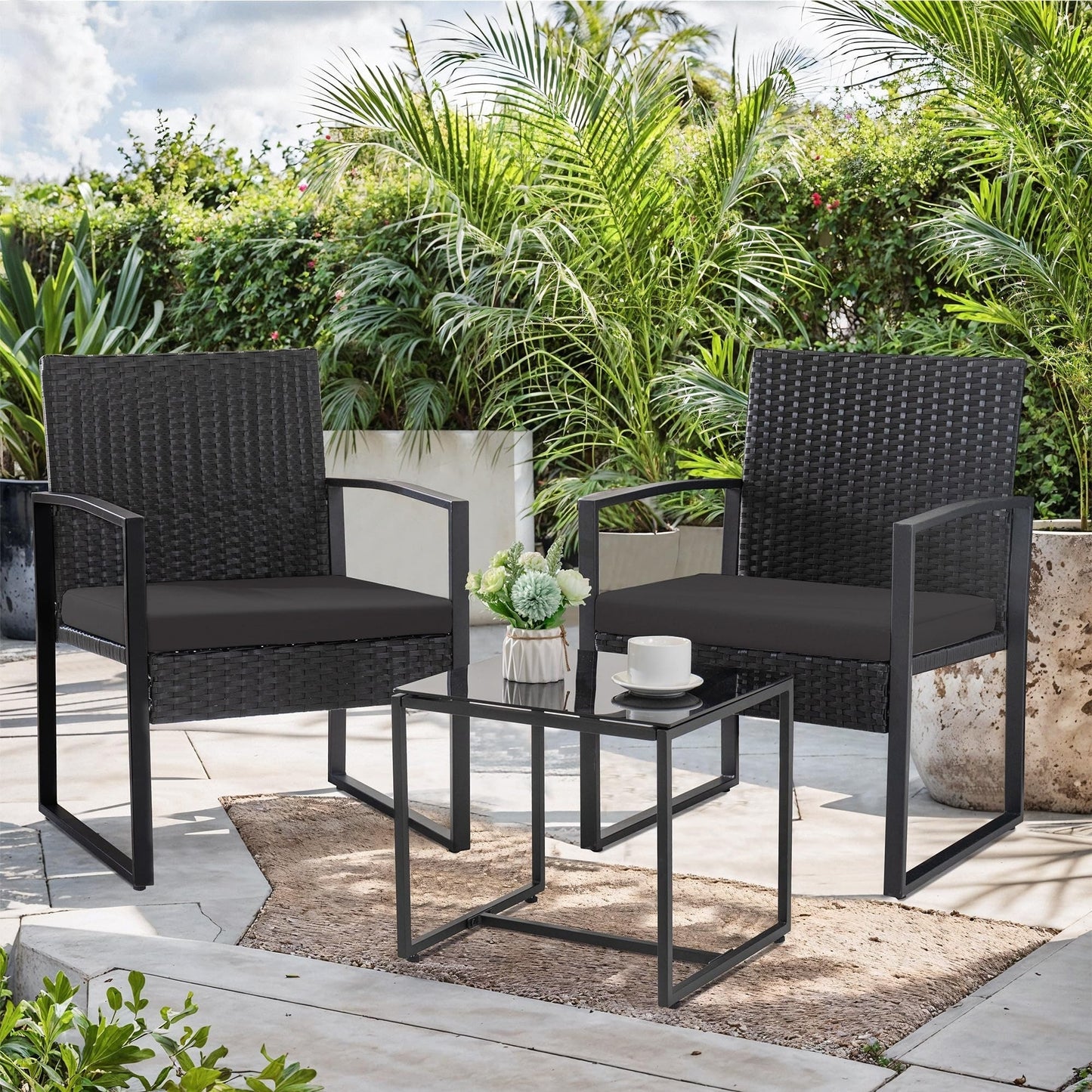 3 Piece Patio Bistro Set Outdoor Furniture Set with Glass Table, Rattan Conversation Sets for Porch Garden Balcony
