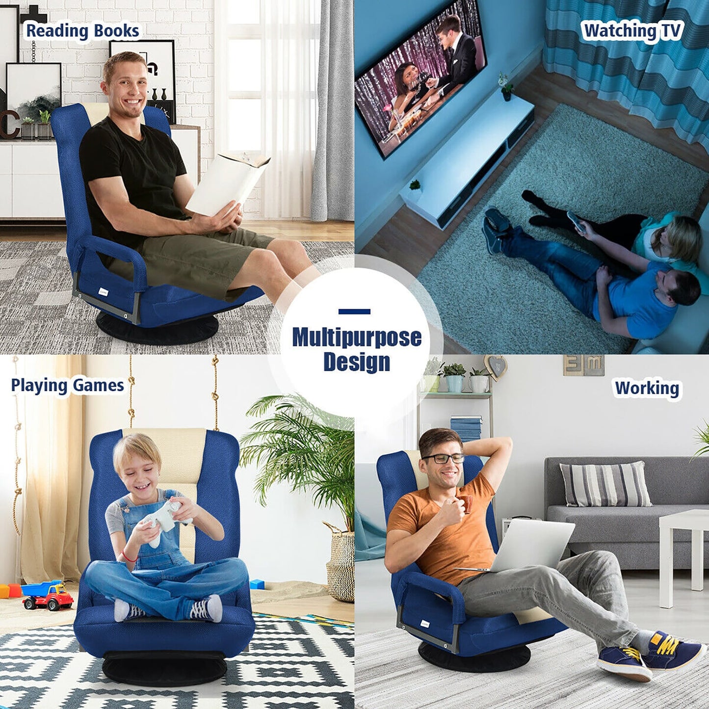 360-Degree Swivel Gaming Floor Chair with Foldable Adjustable Backrest