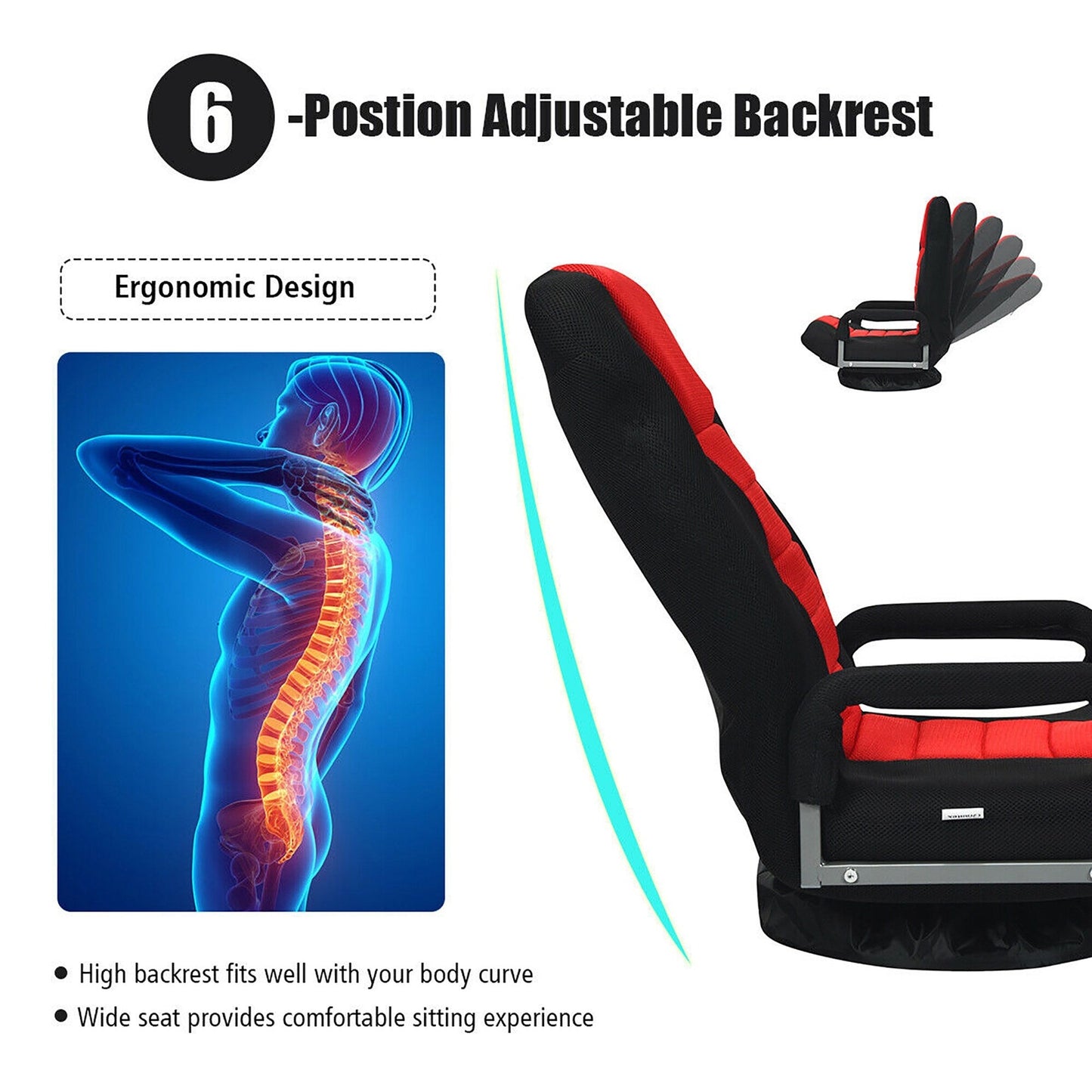 360-Degree Swivel Gaming Floor Chair with Foldable Adjustable Backrest