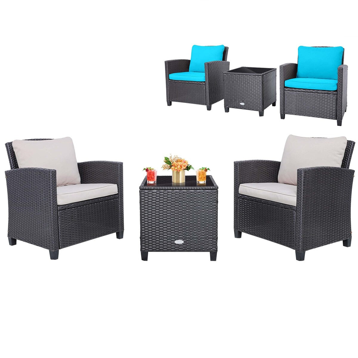 3PCS Balcony Patio Wicker Furniture Set with Cushion Covers