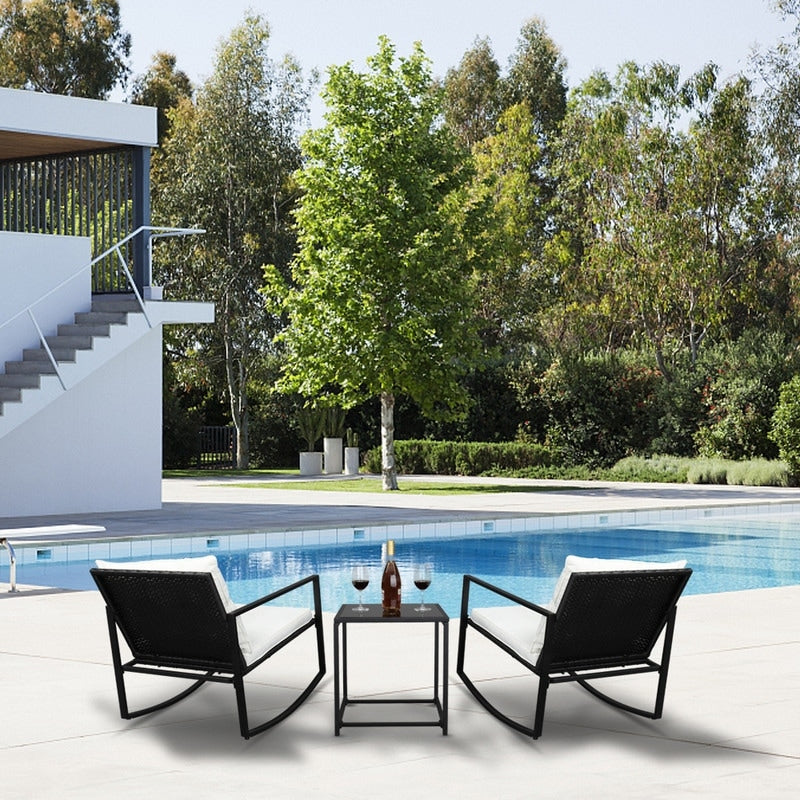 Outdoor 3-Piece Wicker Furniture Set Rocking Conversation Set with Cushions