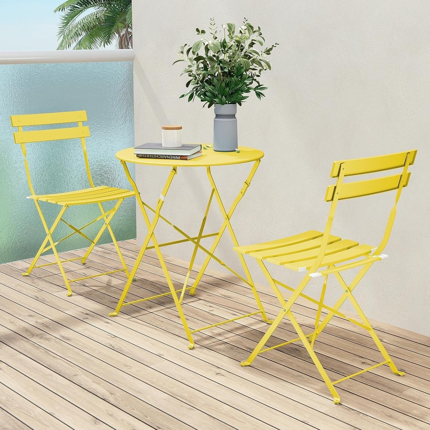 3pc Metal Folding Bistro Set, Weather-Resistant Outdoor/Indoor Conversation Set for Patio, Yard, Garden