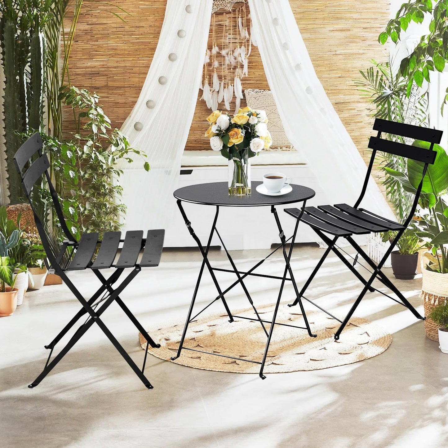 3pc Metal Folding Bistro Set, Weather-Resistant Outdoor/Indoor Conversation Set for Patio, Yard, Garden