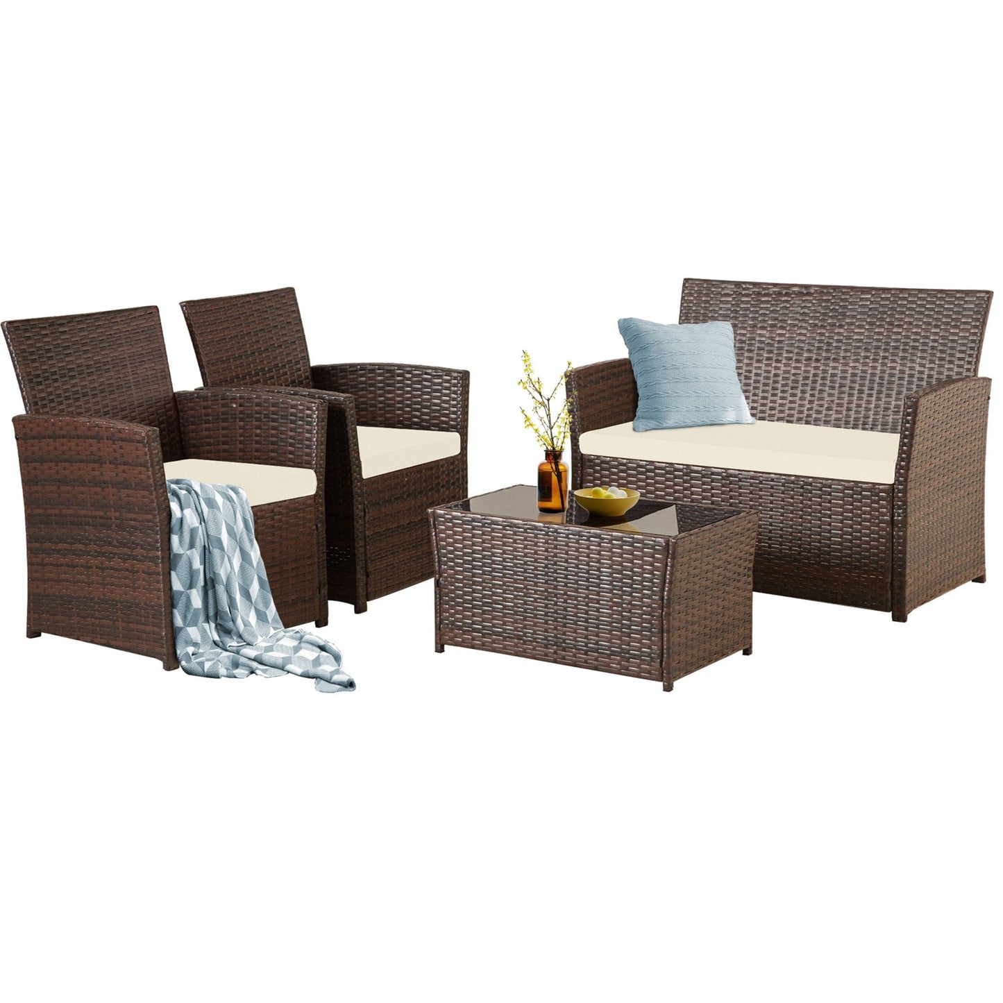 4 PCS Wicker Patio Conversation Set Rattan Seating Sofa Chair