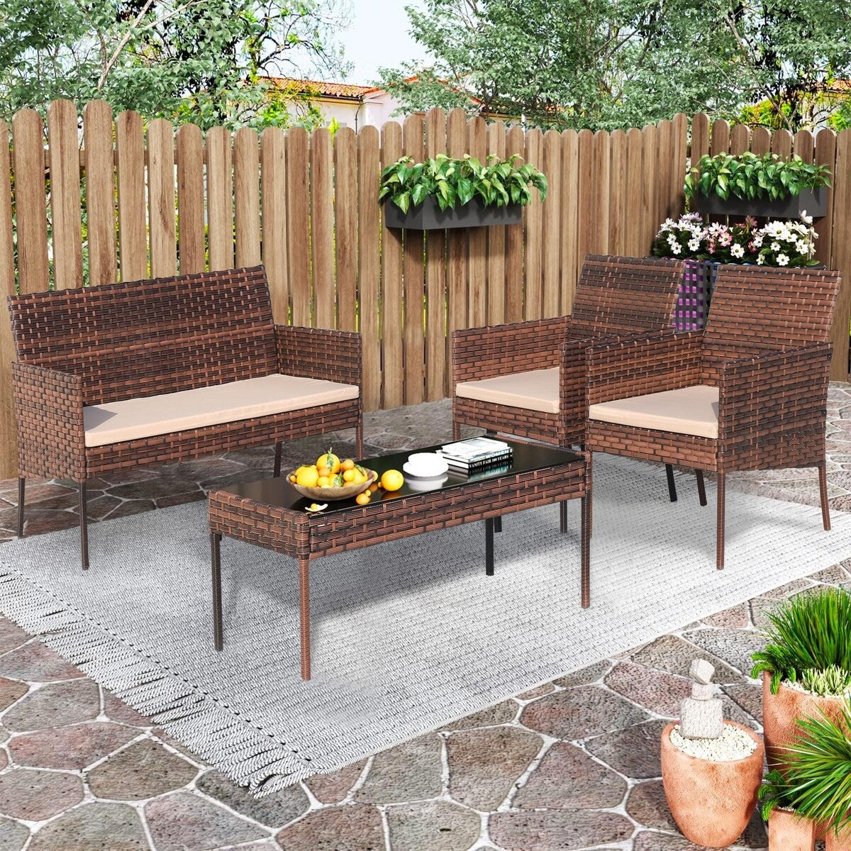 4-Piece Outdoor Patio Wicker Furniture Set w/Table,Loveseat,2Chairs