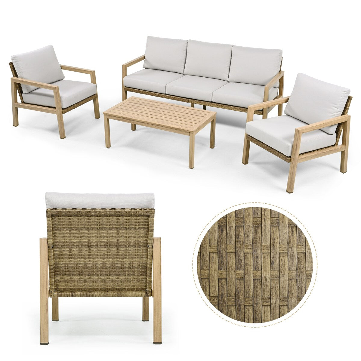 4-Piece Wood-grain Aluminum Patio Conversation Set with Rattan Chair Back and Cushions