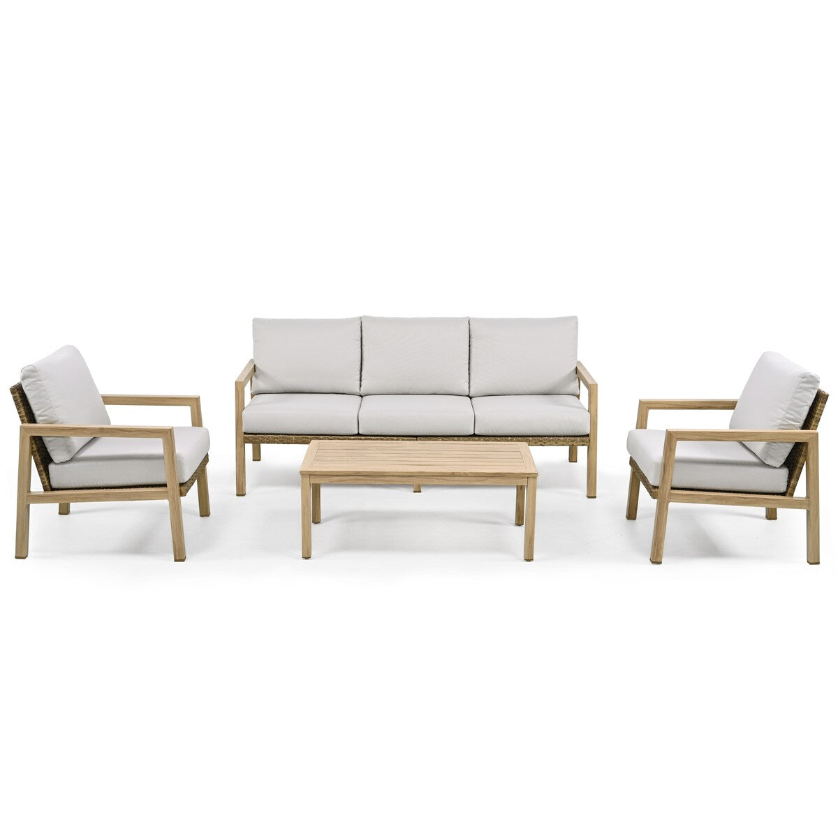 4-Piece Wood-grain Aluminum Patio Conversation Set with Rattan Chair Back and Cushions