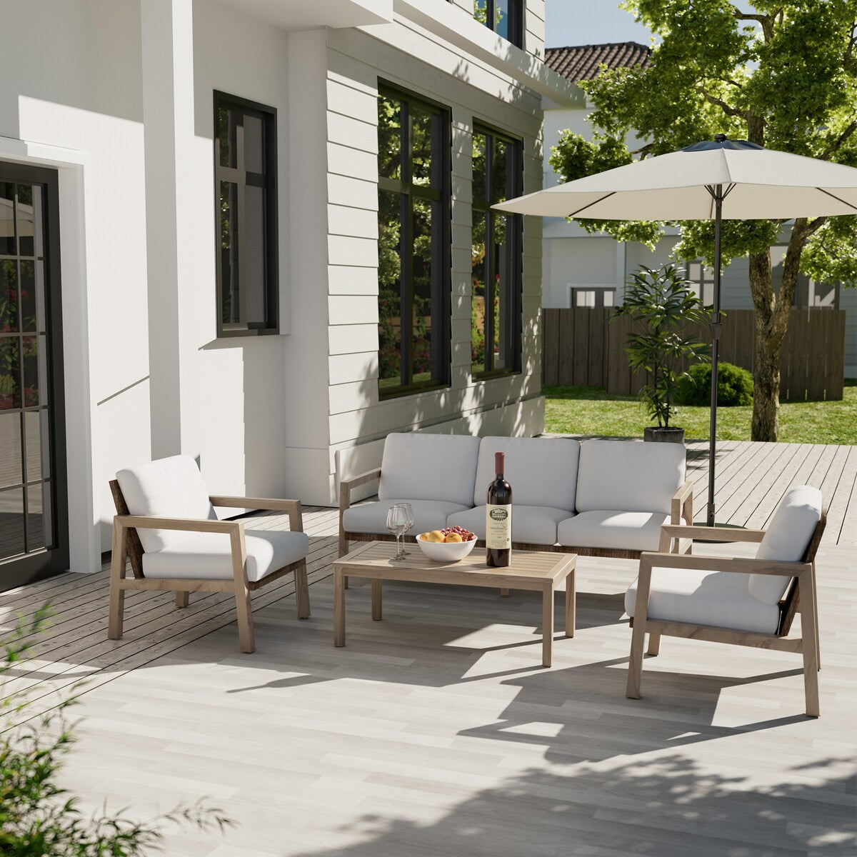 4-Piece Wood-grain Aluminum Patio Conversation Set with Rattan Chair Back and Cushions