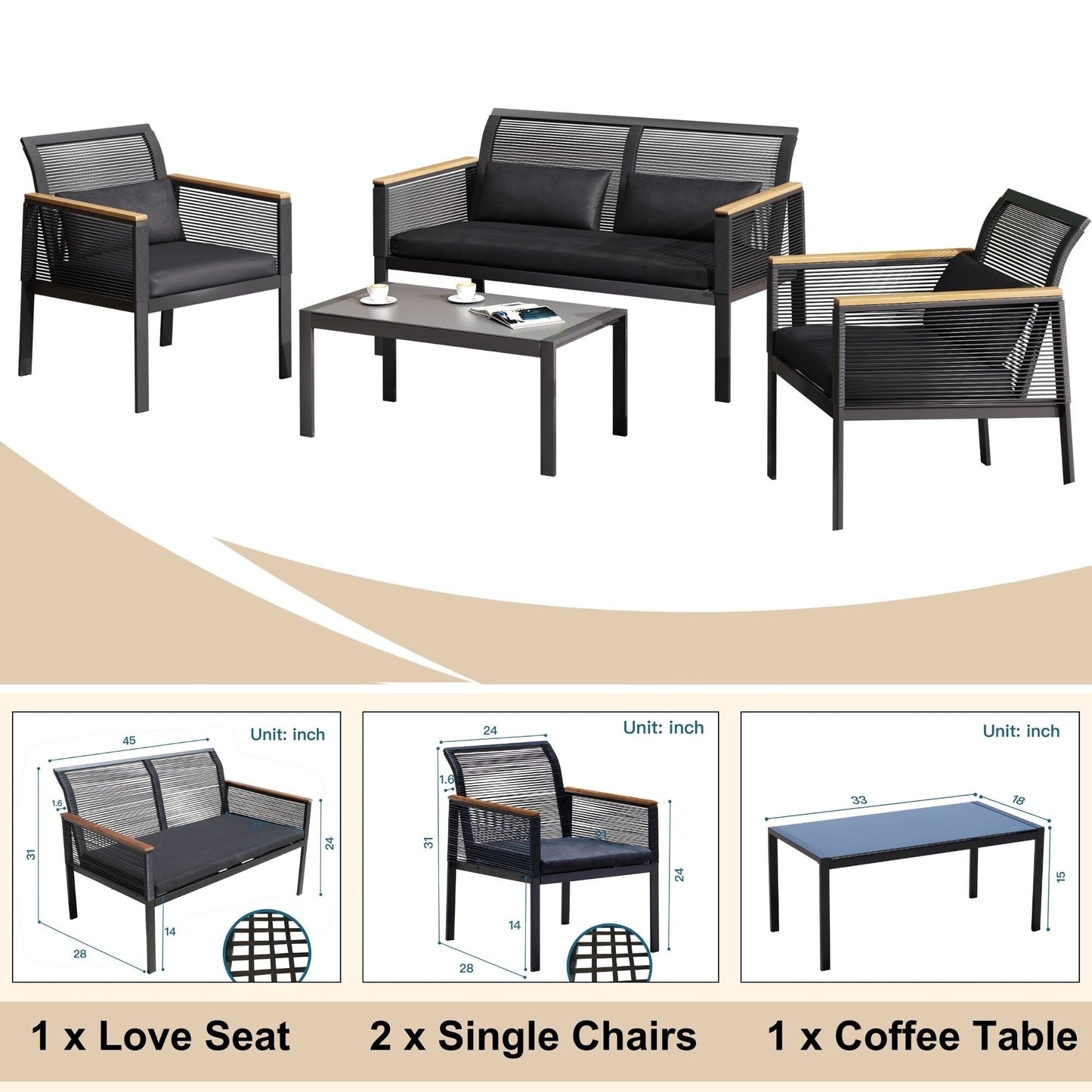 4-pc. Black Wicker Cord Patio Conversation Set
