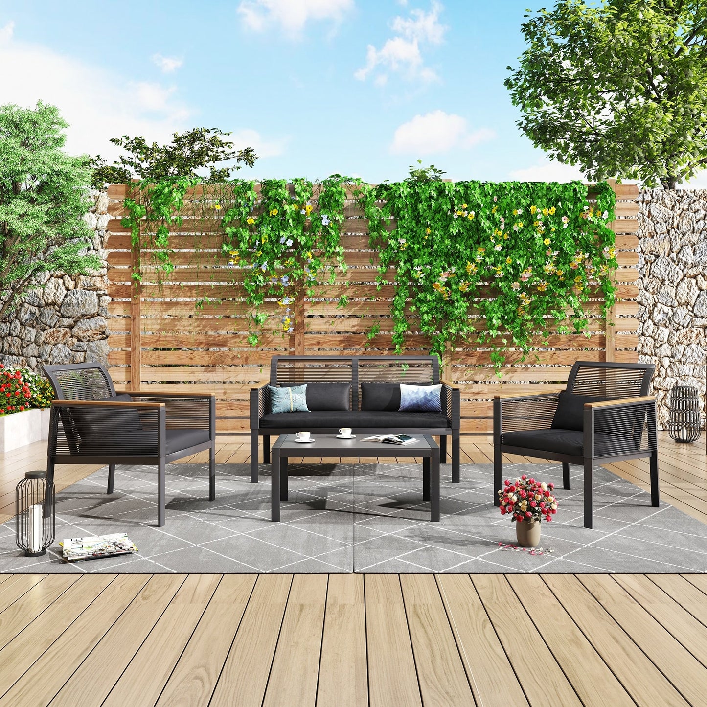 4-pc. Black Wicker Cord Patio Conversation Set