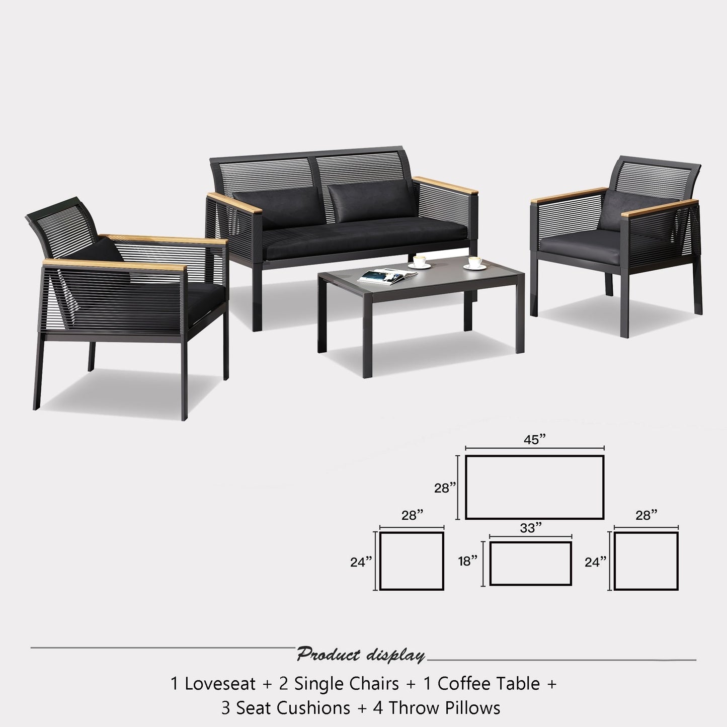 4-pc. Black Wicker Cord Patio Conversation Set