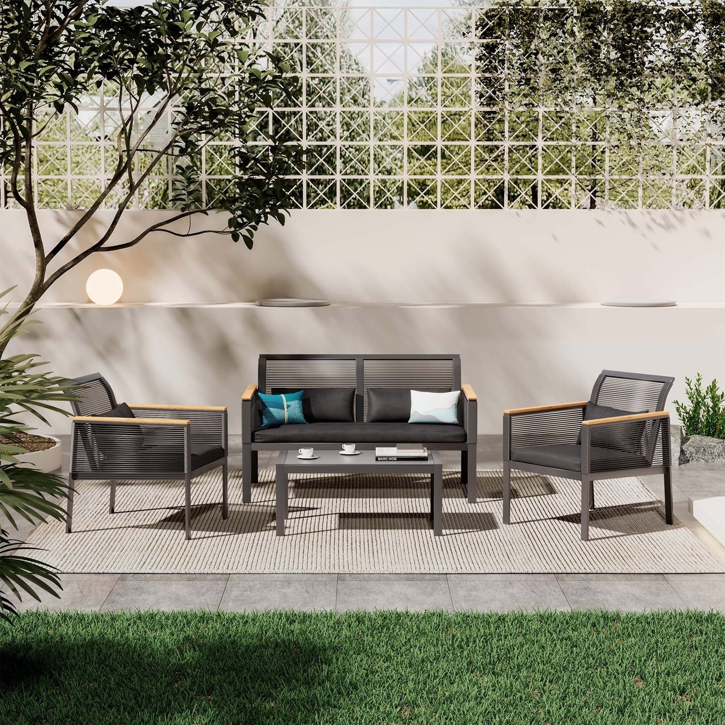 4-pc. Black Wicker Cord Patio Conversation Set