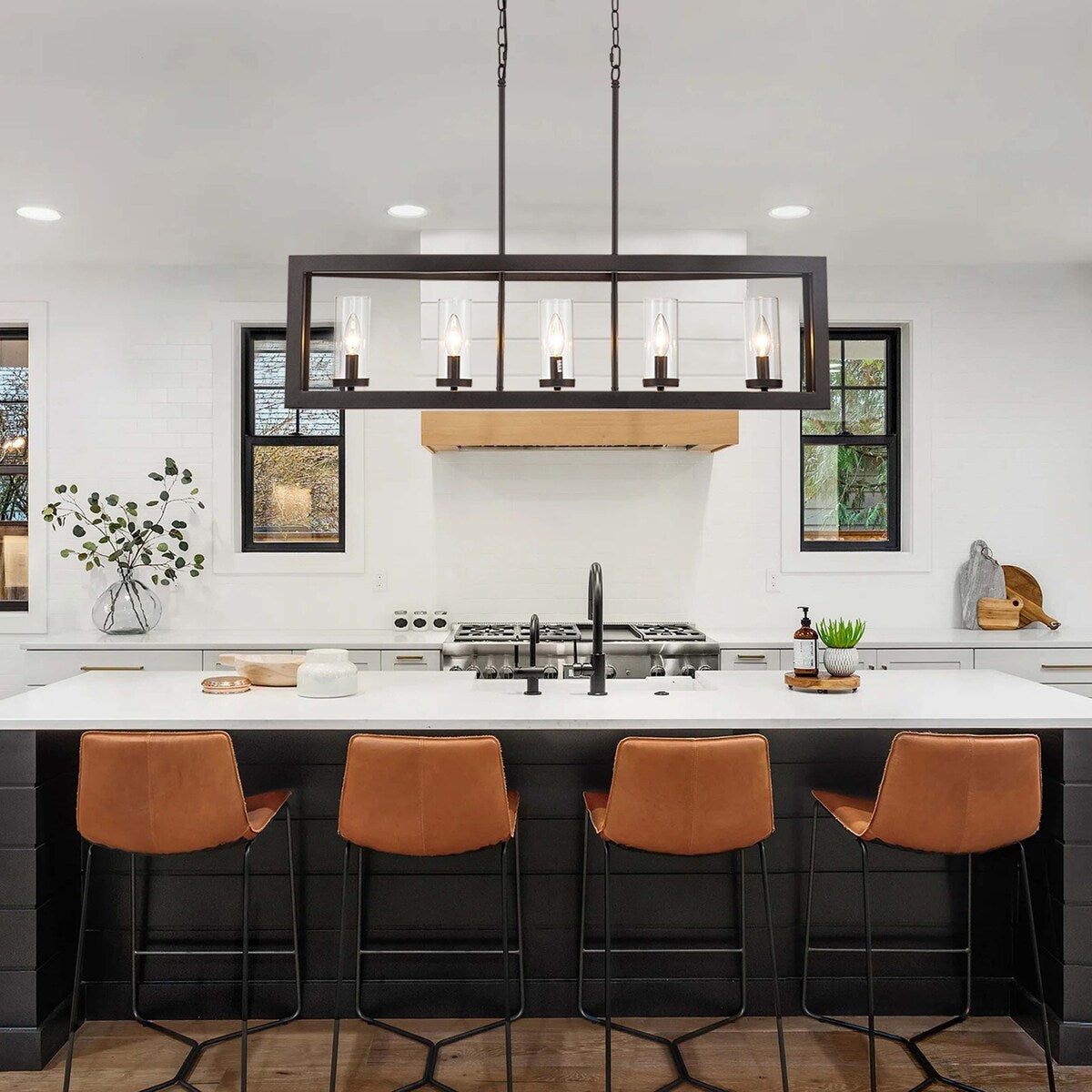 5-Light Mid-Century Modern Industrial Linear Kitchen Island Pendant Vintage Rectangle Glass Chandelier