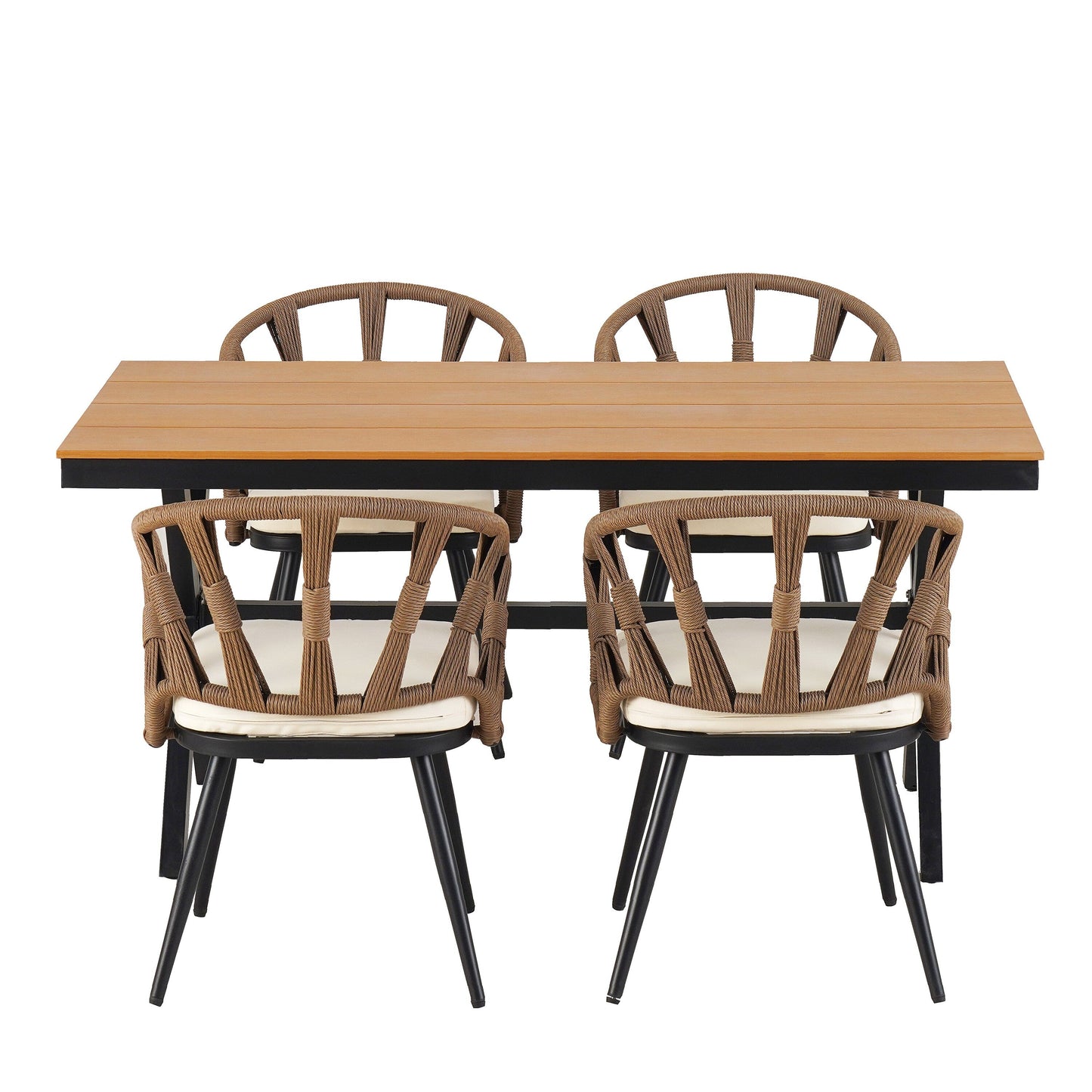 5 Pcs Outdoor Dining Table and Chairs Set, Patio Furniture Sets with PE Rattan Chairs and Rectangular Wood Table