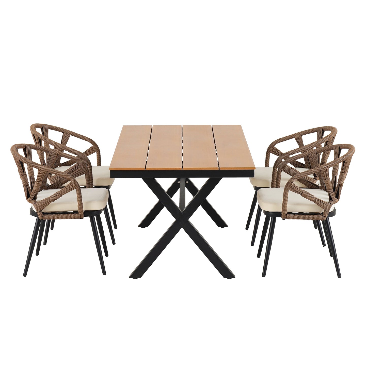 5 Pcs Outdoor Dining Table and Chairs Set, Patio Furniture Sets with PE Rattan Chairs and Rectangular Wood Table