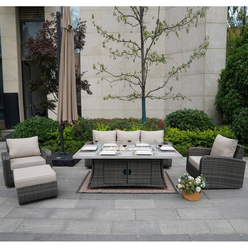 5-Piece Outdoor Wicker Sofa Set with Aluminum Firepit Table