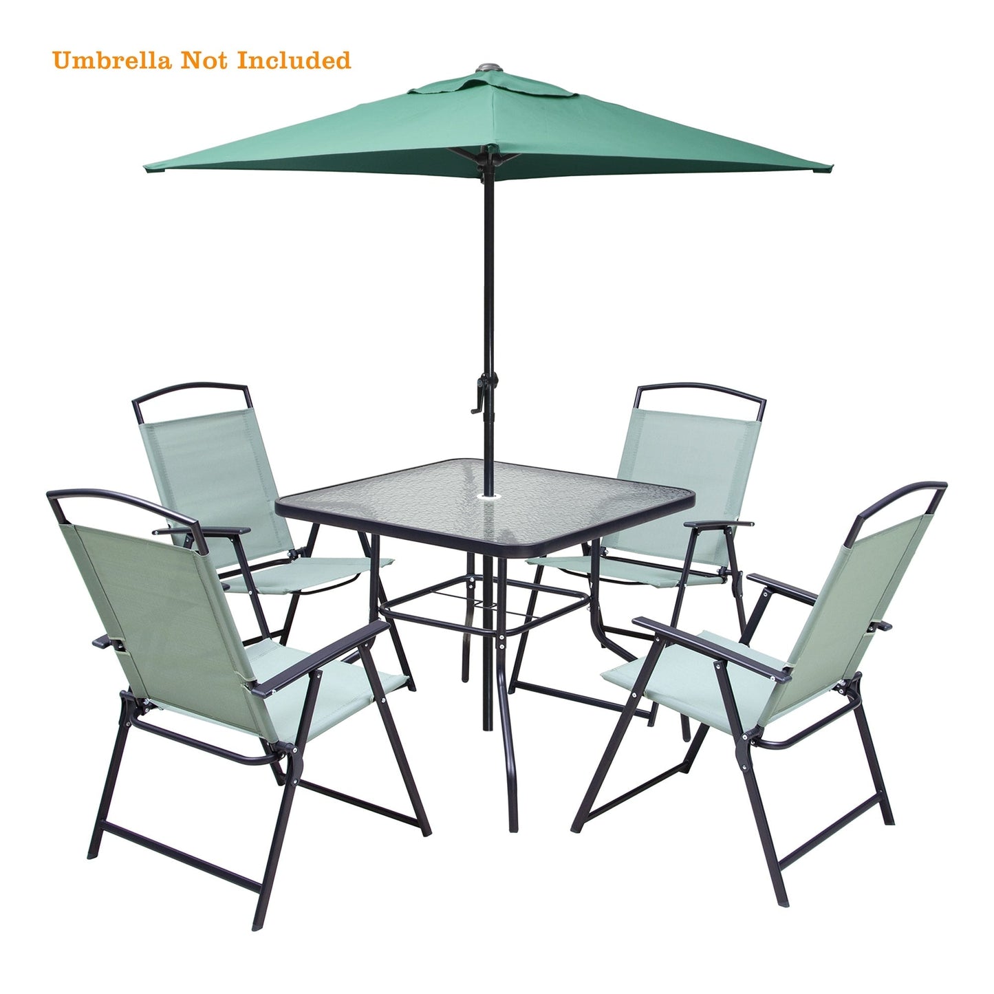 Outdoor 5-piece Patio Dining Set Folding Chairs and Glass Table with Umbrella Hole - See the specifications