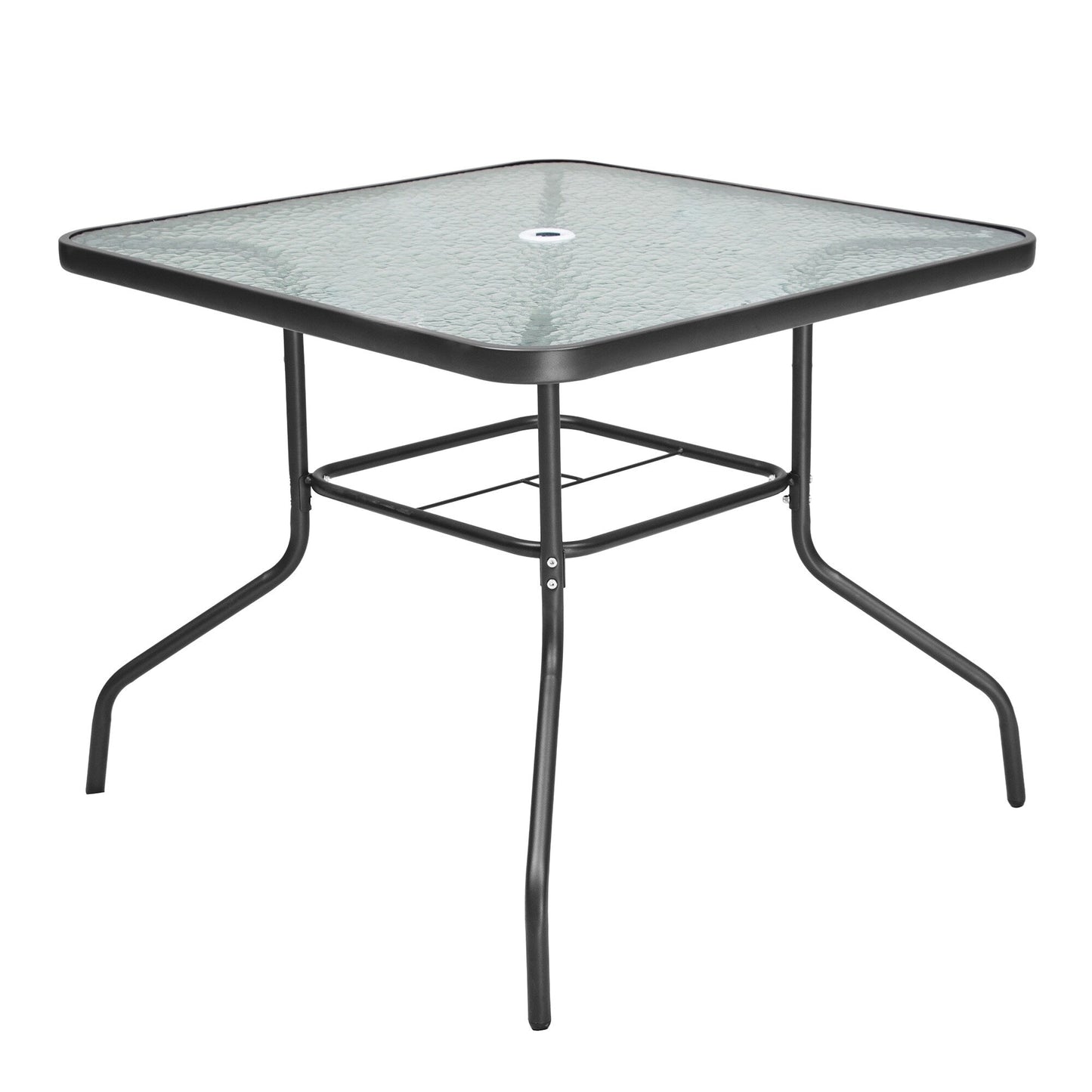 Outdoor 5-piece Patio Dining Set Folding Chairs and Glass Table with Umbrella Hole - See the specifications