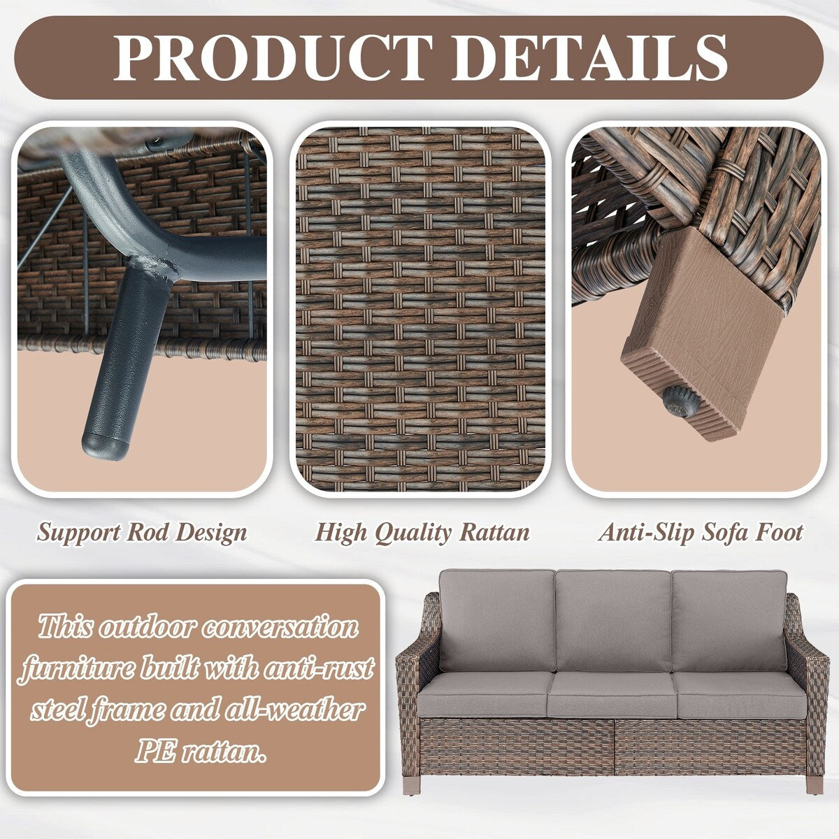 5 Piece Patio Glider Chair with Sofa Ottomans - Brown