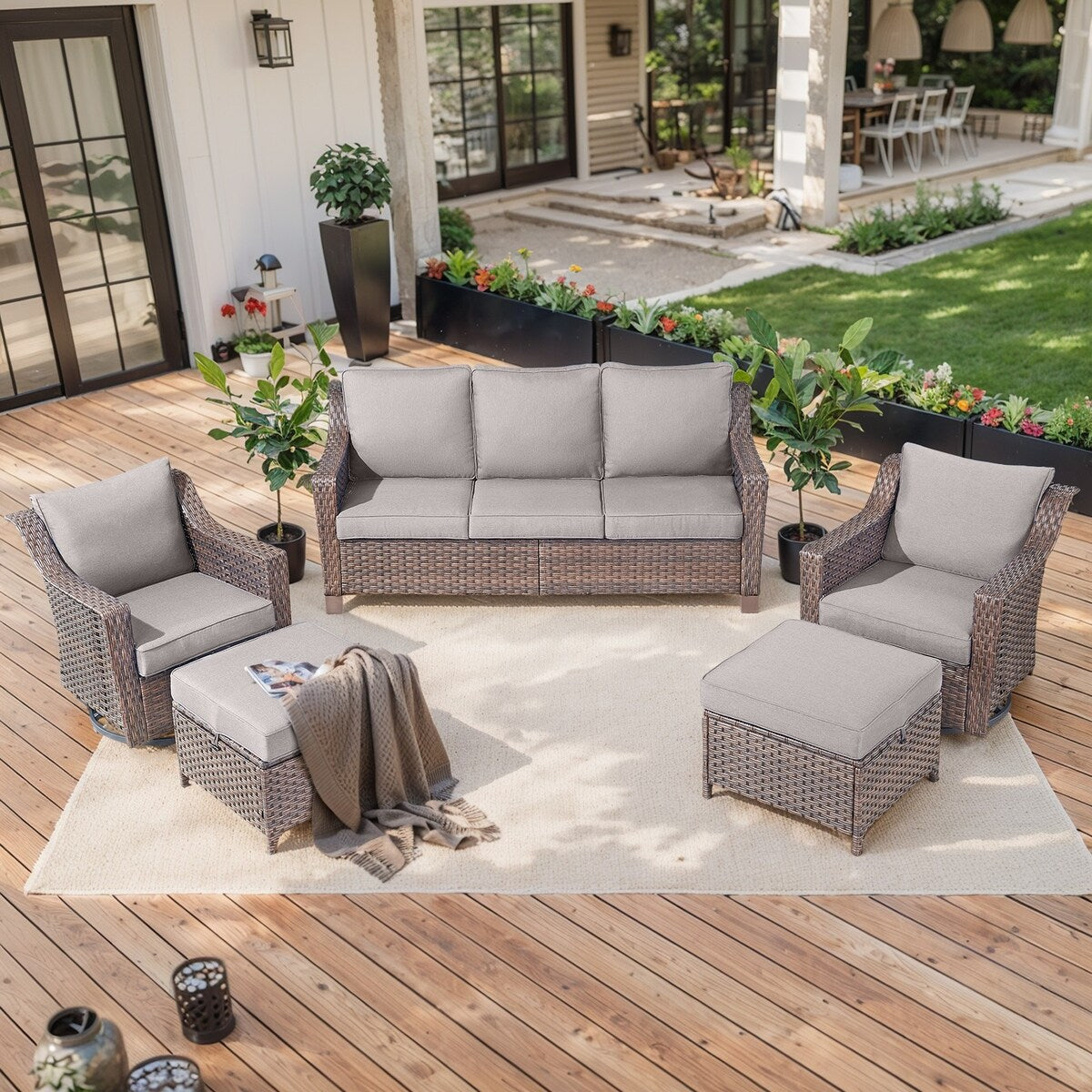 5 Piece Patio Glider Chair with Sofa Ottomans - Brown