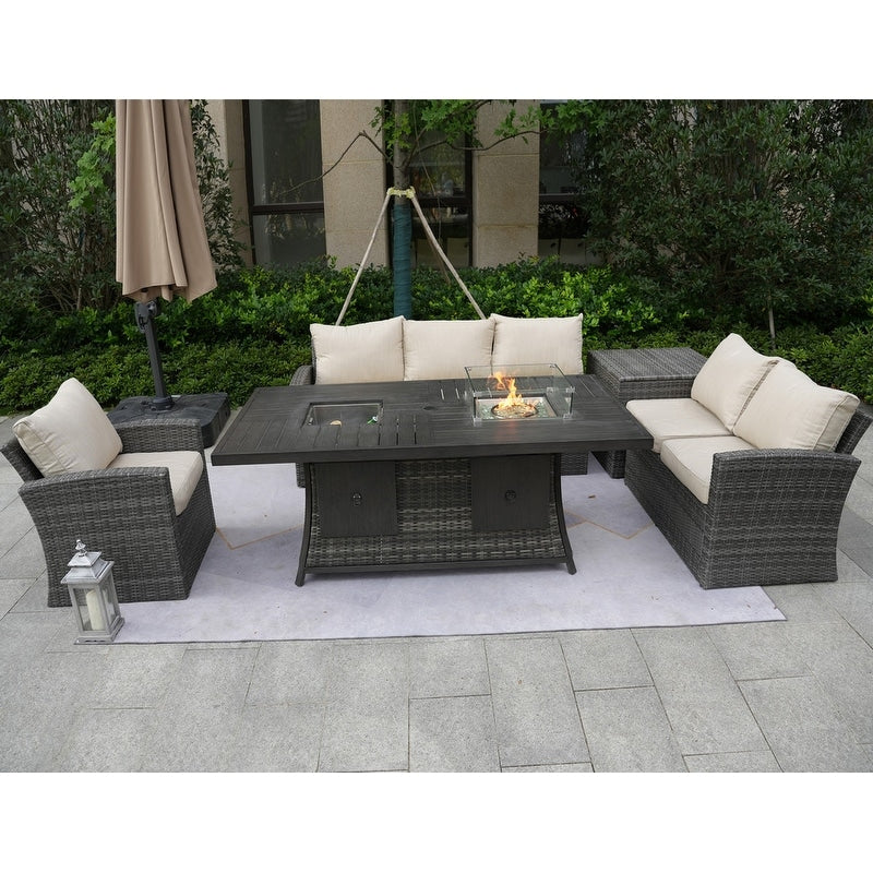 5-Piece Patio Wicker Conversation Sofa with Firepit Table and Storage Box