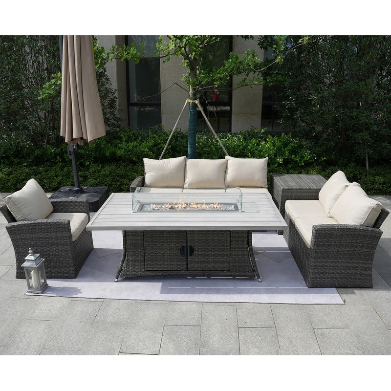 5-Piece Patio Wicker Conversation Sofa with Firepit Table and Storage Box