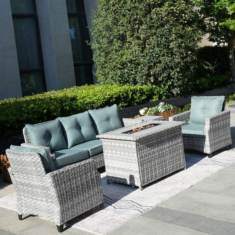 5-Piece Patio Wicker Sofa Set with Firepit Table and Rain cover