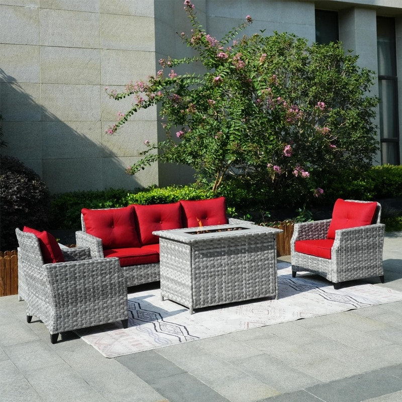 5-Piece Patio Wicker Sofa Set with Firepit Table and Rain cover