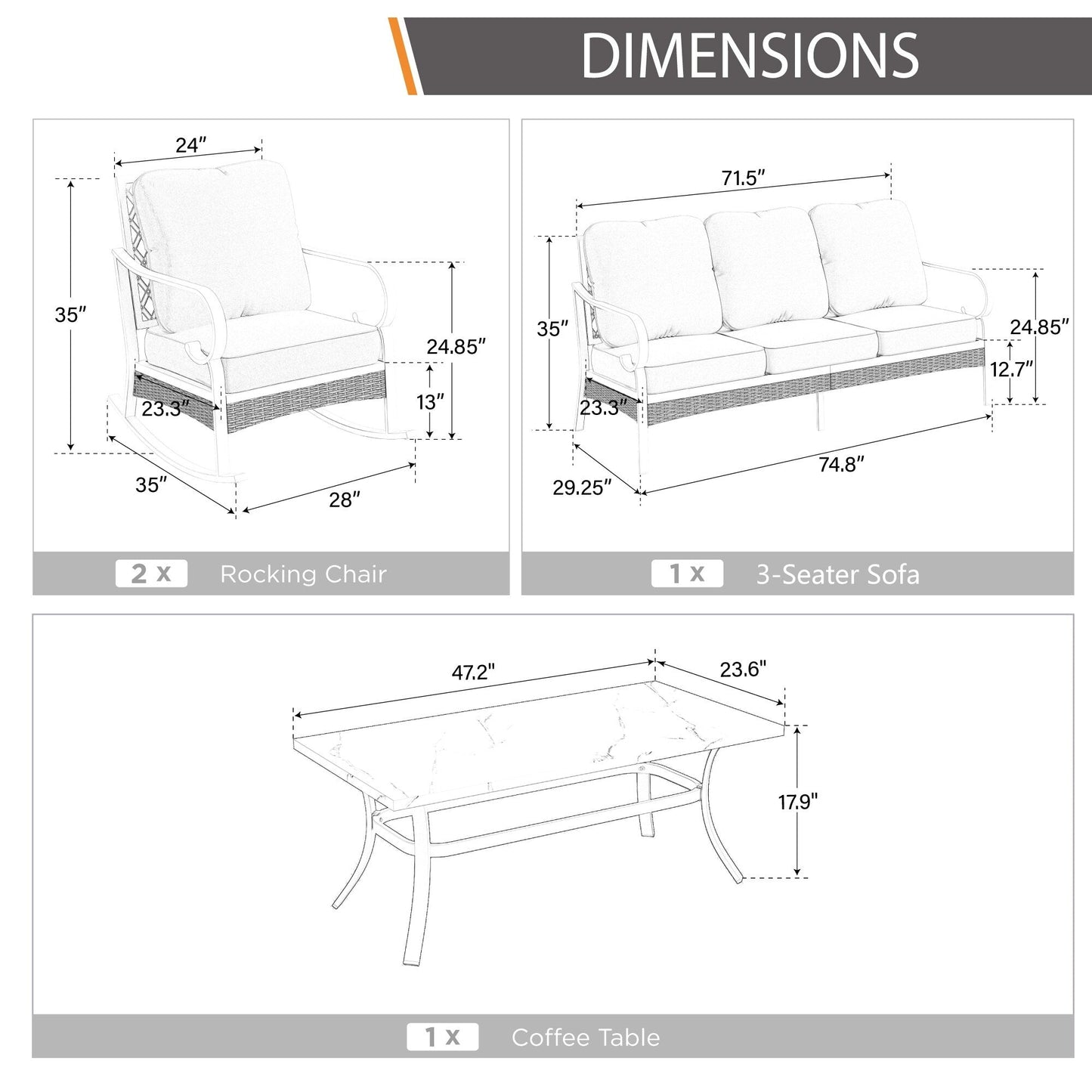 MAISON ARTS 5-Seat Patio Furniture Set, 2 x Cushioned Metal Chair, 1 x 3-Seat Sofa with Marbling Coffee Table