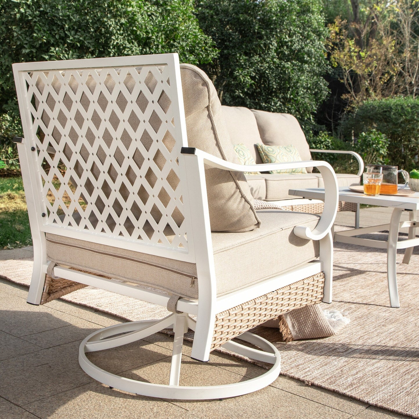 MAISON ARTS 5-Seat Patio Furniture Set, 2 x Cushioned Metal Chair, 1 x 3-Seat Sofa with Marbling Coffee Table