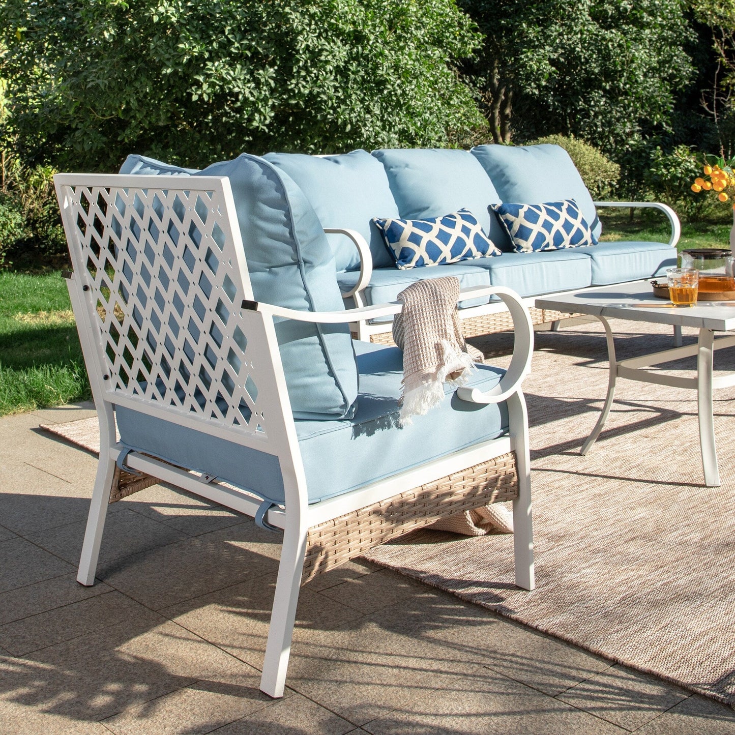 MAISON ARTS 5-Seat Patio Furniture Set, 2 x Cushioned Metal Chair, 1 x 3-Seat Sofa with Marbling Coffee Table