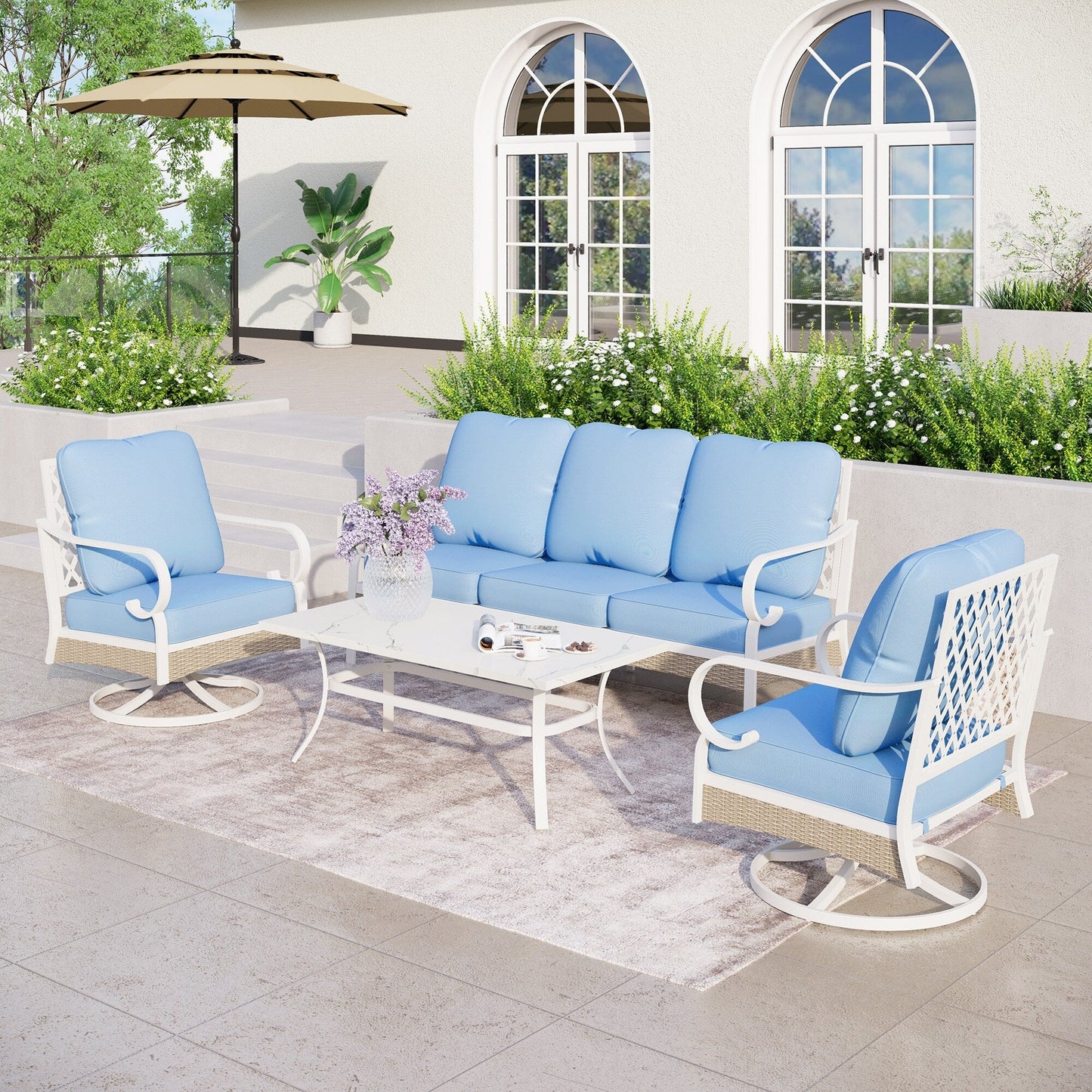 MAISON ARTS 5-Seat Patio Furniture Set, 2 x Cushioned Metal Chair, 1 x 3-Seat Sofa with Marbling Coffee Table