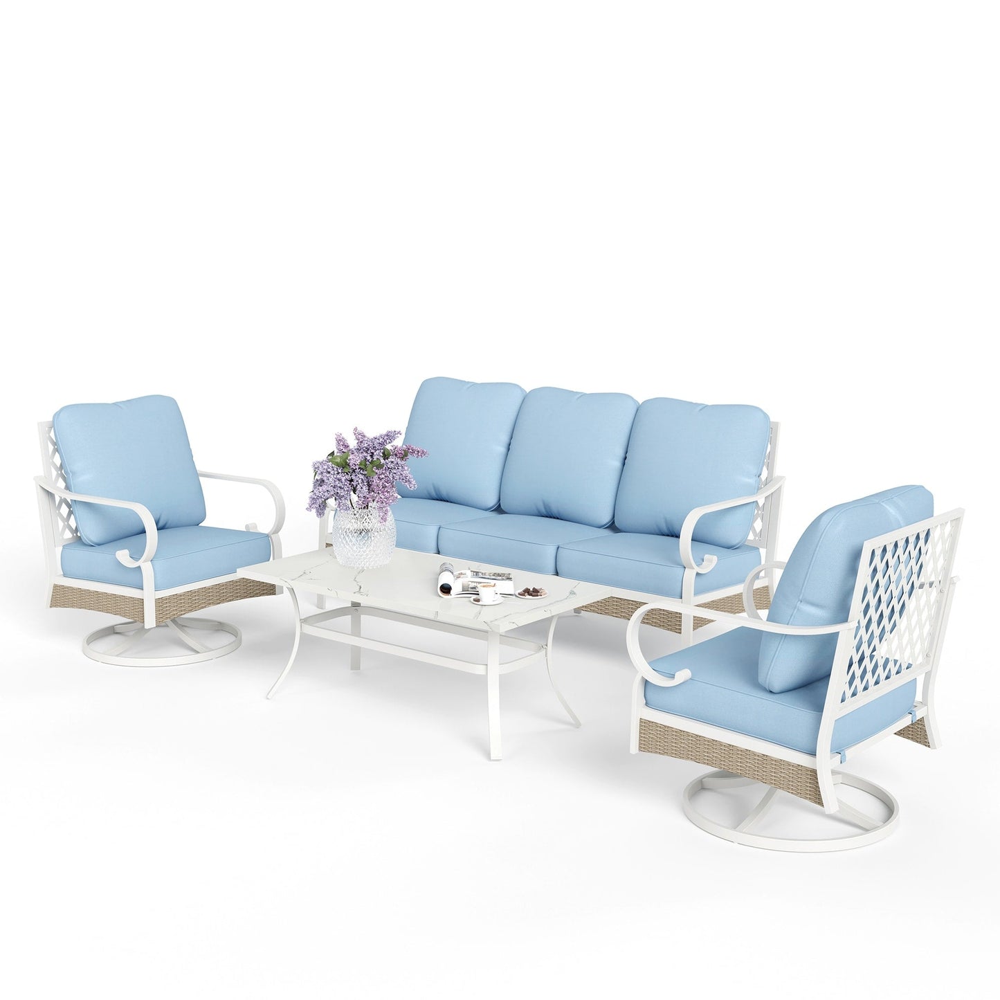 MAISON ARTS 5-Seat Patio Furniture Set, 2 x Cushioned Metal Chair, 1 x 3-Seat Sofa with Marbling Coffee Table