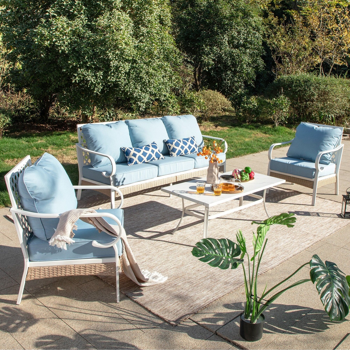 MAISON ARTS 5-Seat Patio Furniture Set, 2 x Cushioned Metal Chair, 1 x 3-Seat Sofa with Marbling Coffee Table