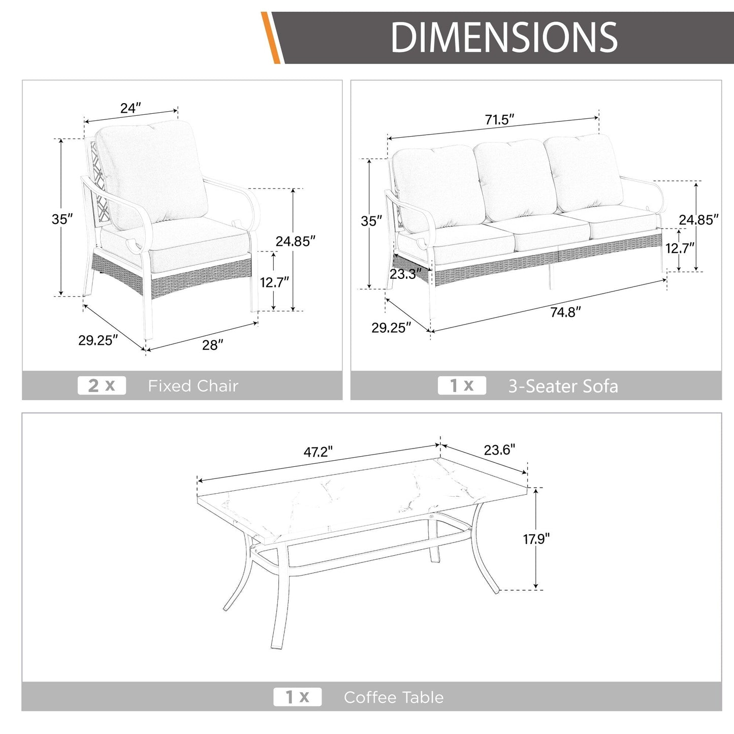 MAISON ARTS 5-Seat Patio Furniture Set, 2 x Cushioned Metal Chair, 1 x 3-Seat Sofa with Marbling Coffee Table