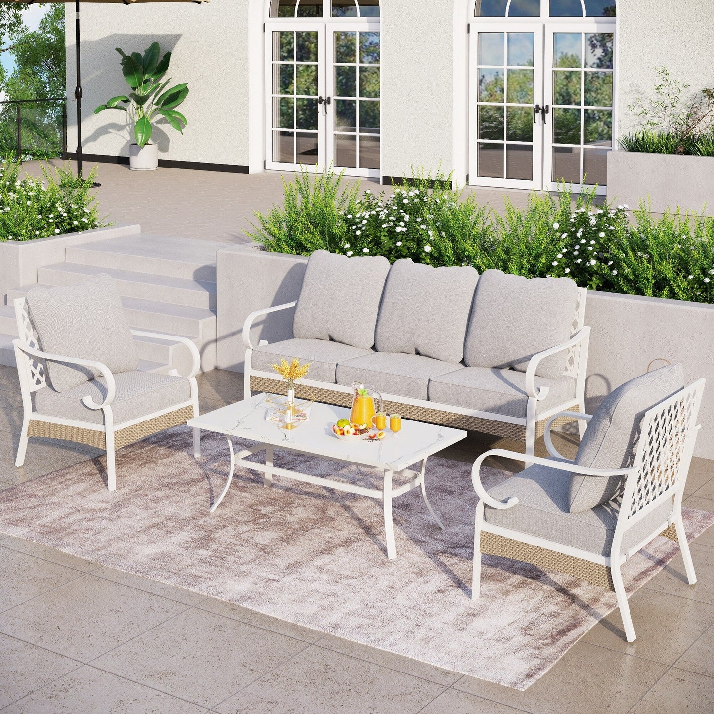 MAISON ARTS 5-Seat Patio Furniture Set, 2 x Cushioned Metal Chair, 1 x 3-Seat Sofa with Marbling Coffee Table