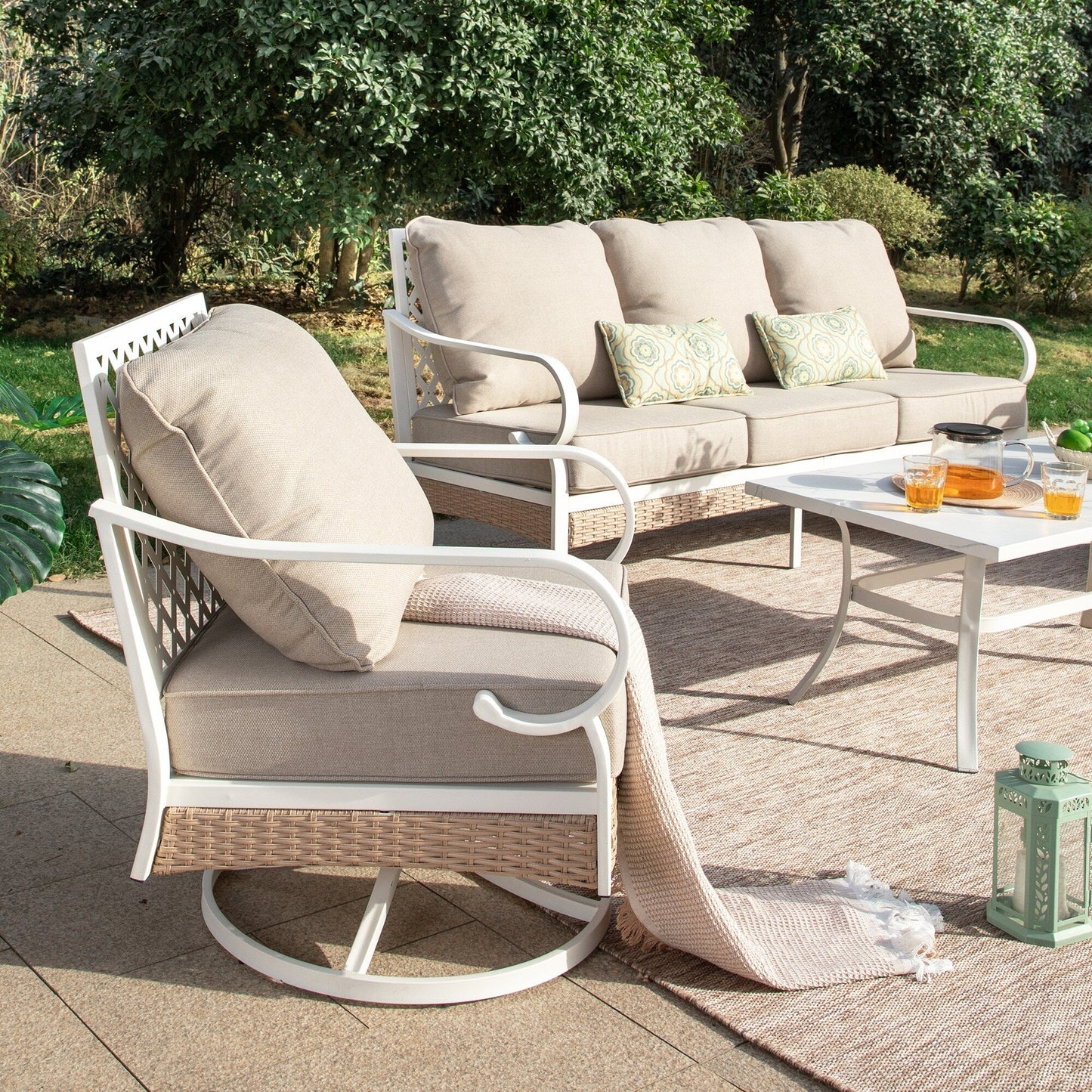 MAISON ARTS 5-Seat Patio Furniture Set, 2 x Cushioned Metal Chair, 1 x 3-Seat Sofa with Marbling Coffee Table