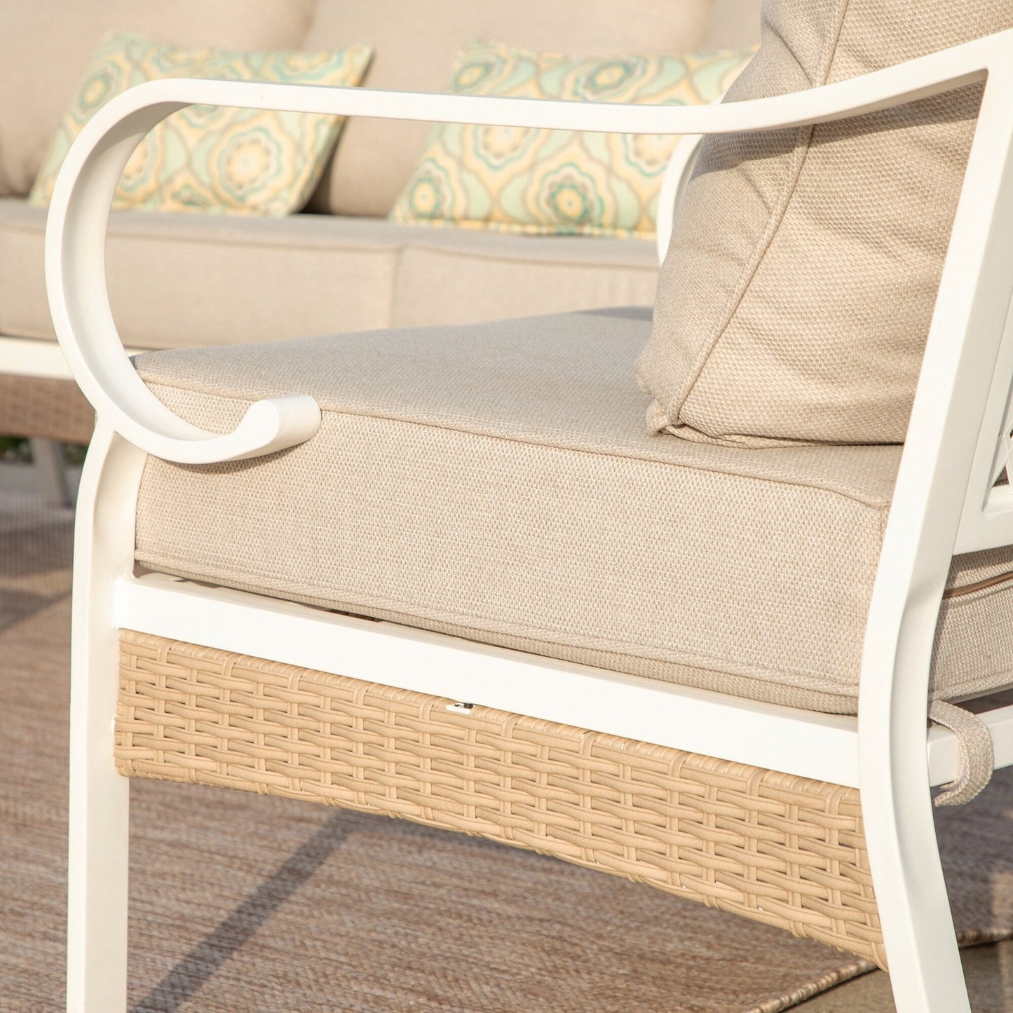 MAISON ARTS 5-Seat Patio Furniture Set, 2 x Cushioned Metal Chair, 1 x 3-Seat Sofa with Marbling Coffee Table