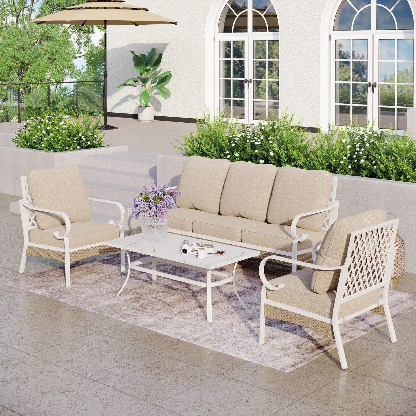 MAISON ARTS 5-Seat Patio Furniture Set, 2 x Cushioned Metal Chair, 1 x 3-Seat Sofa with Marbling Coffee Table
